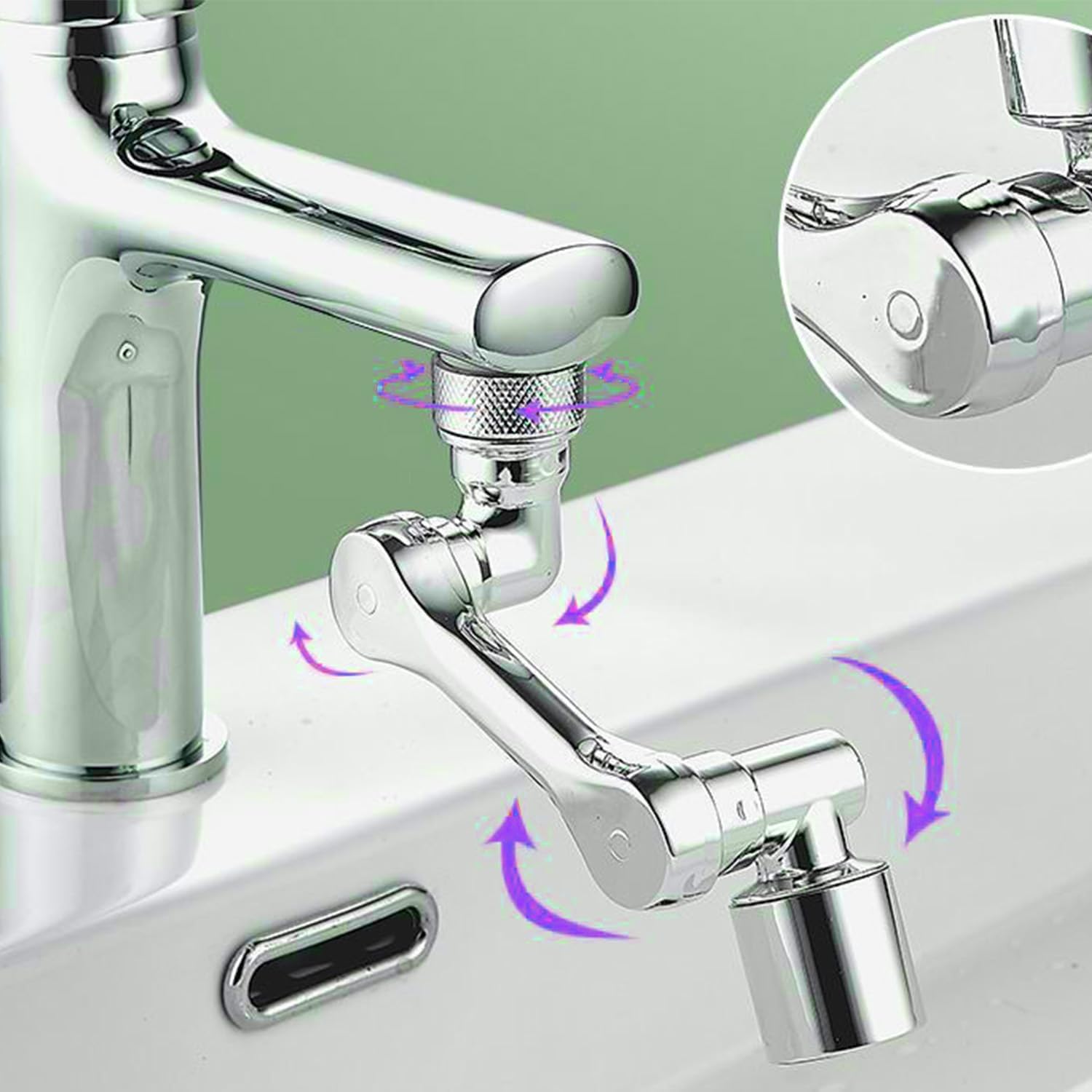 Rotating faucet adapter, splash proof extension device, chrome plated splash proof extension device, with 360 degree adjustable sink accessory