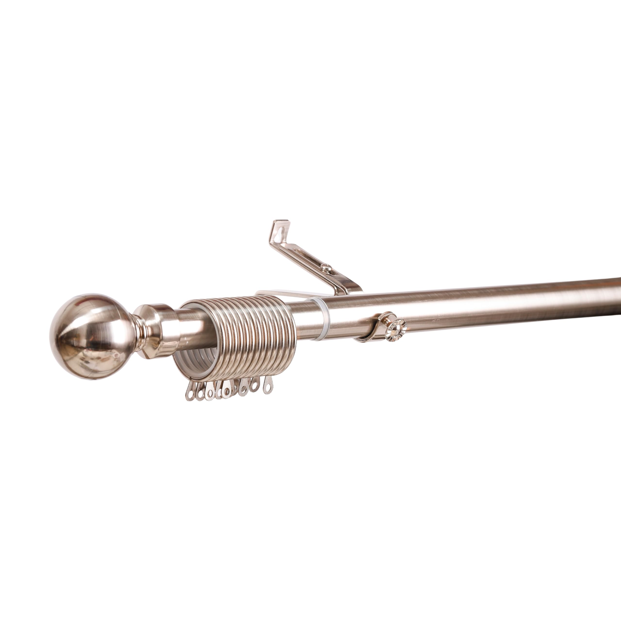 J.Din Brushed Silver Curtain Pole Metal Durable Plain Ball, Adjustable Curtain Rod 28mm Diameter with 50 mm Finials, Extendable Curtains Poles 120 to 210cm Includes Rings and Brackets Set