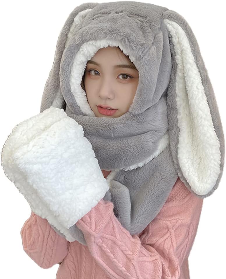 Peiiwdc Rabbit Hat, Long-Eared Plush Winter Warm Scarf Gloves Hoodie Gift for Christmas, New Year, Thanksgiving