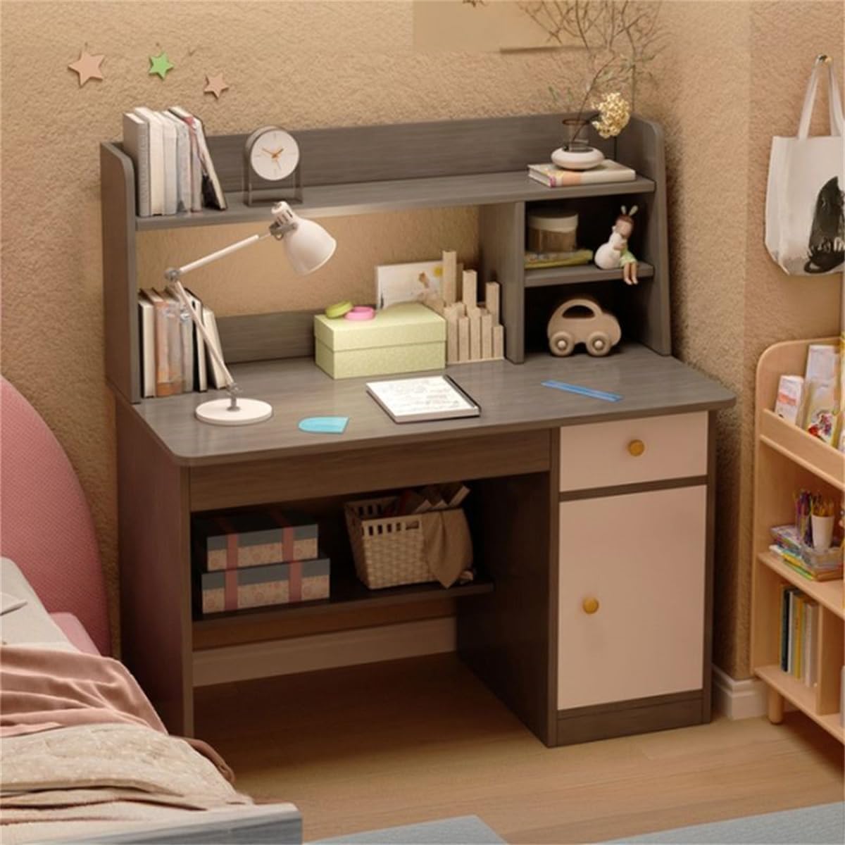 KWOKING Writing Desk with Hutch, Exterior Shelving Multifunctional Homework Dormitory Bookshelf Primary & Secondary School Student Study Table Blue Cabinet Included 31" L x 16" W x 42" H