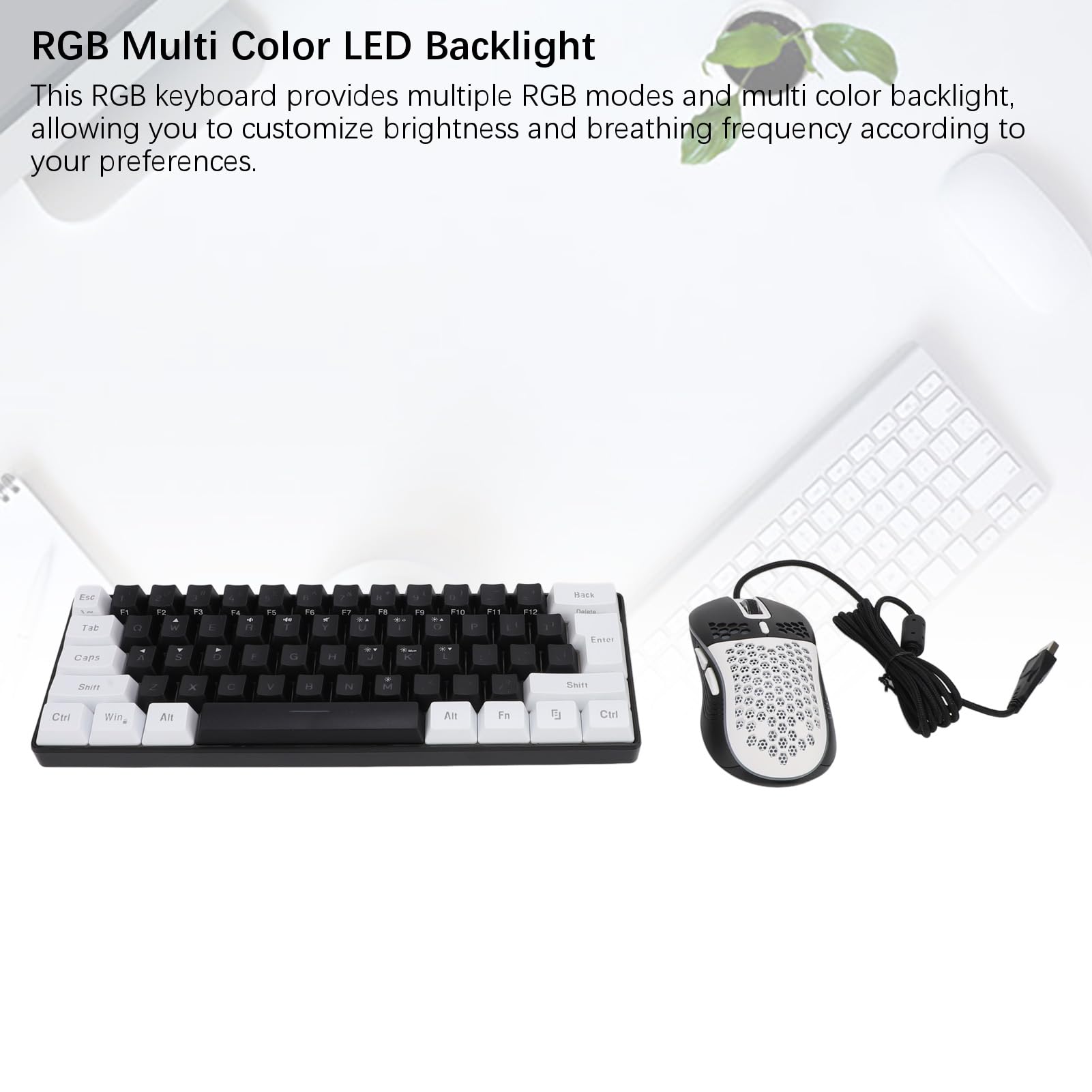 Combo Tastiera e Mouse da Gioco Wireless Al 60%, Tastiera e Mouse Compatti Retroilluminati a LED RGB, Tastiera Ergonomica a 61 Tasti per Giochi, Ufficio Aziendale (Cornice bianca