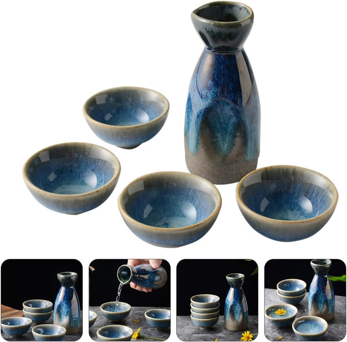 Ensemble de tasses à saké, tasses à saké japonaises, 3 ensembles de verres multi-usages traditionnels – Design de bouteille, tasses à thé, cadeaux antiques et carafe chauffante, verre multi-vintage av