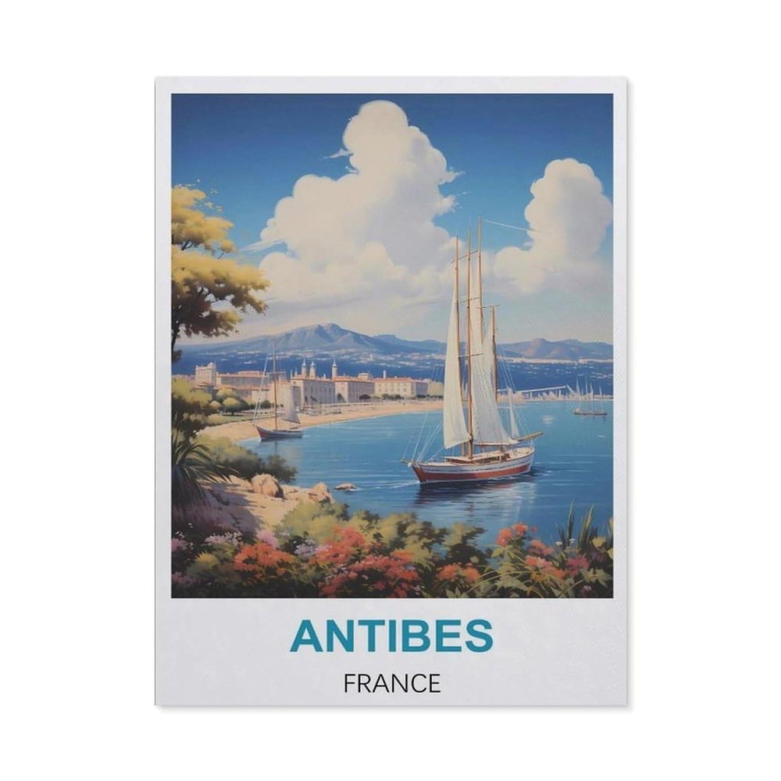 BEAYODKP 5D DIY Diamond Painting，Antibes France Vintage Travel Posters，Art Living Room Wall Decoration Gift（50 x 60 cm/19.68 x 23.62 inches）-CA93