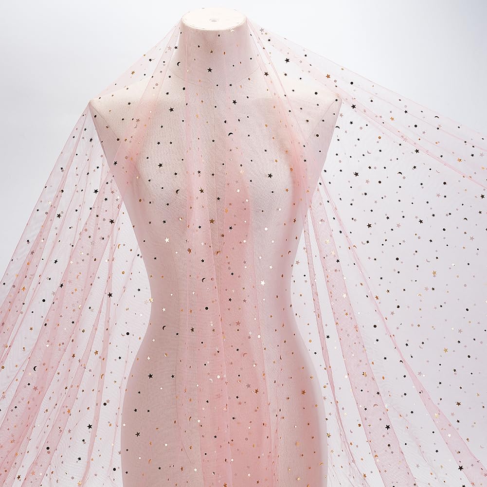 AHANDMAKER 59" x 5 Yards Pink Glitter Tulle Fabric Rolls, Pink Star Moon Sequin Tulle Netting Fabric - Image 4