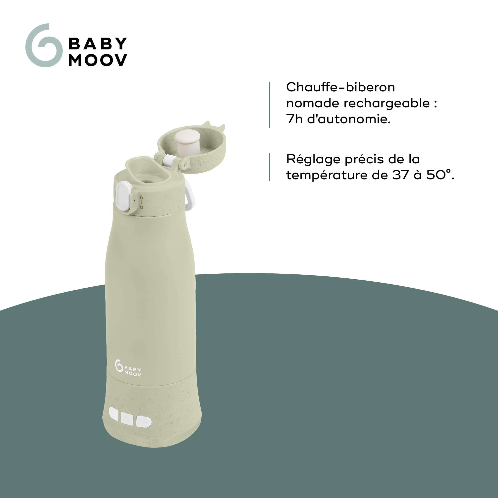 Babymoov Chauffe-Biberon Nomade sans Fil Moov & Feed - Capacité 340ml - Eau ou Lait Maternel - Température réglable - Maintien au Chaud (jusqu'à 7h) - Recharge USB - Garantie à Vie - Vert Sauge