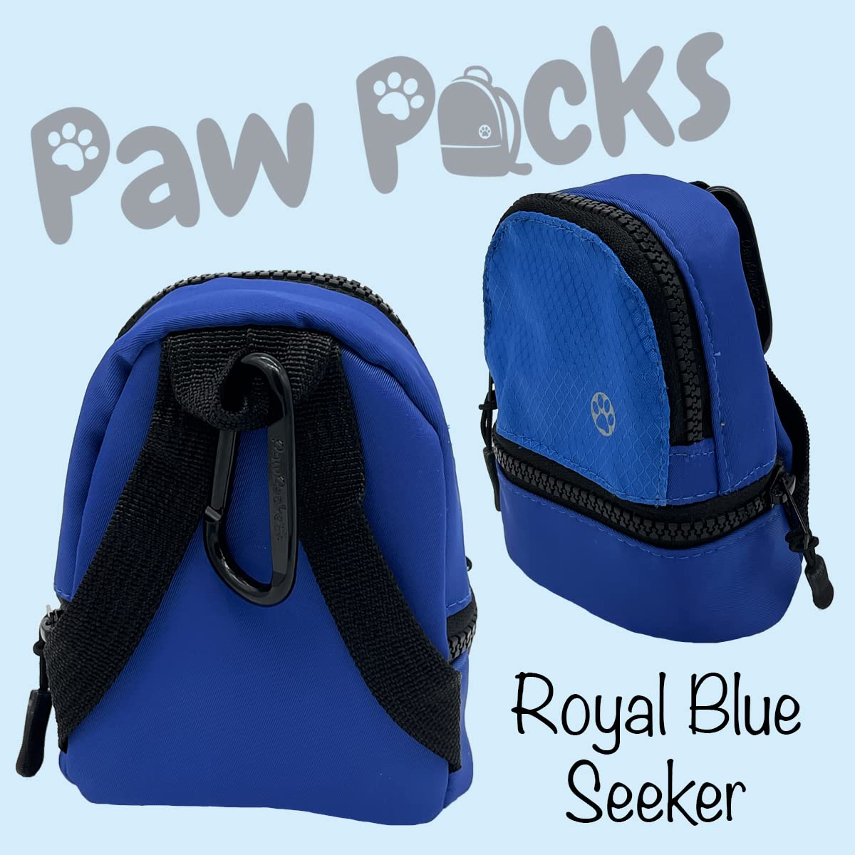 PawPacks LLC Dog Backpack, Cat Backpack, Small Carrier | Clip on Harness or Leash, Fun Pet Treat Holder, Toy Bag, or Waste Dispenser | Dog Treat Training Pouch (Royal Blue Seeker)