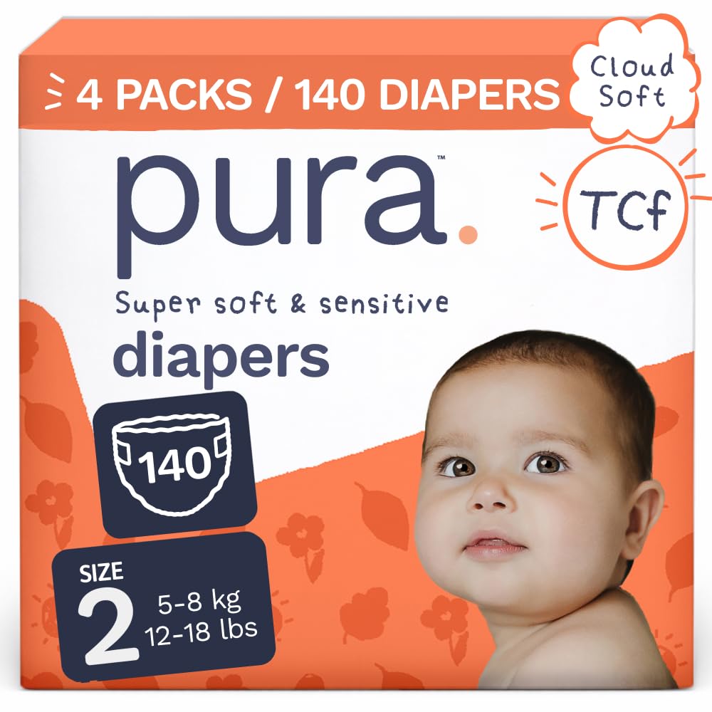 Pura Baby Diapers Size 2 (12-18 lbs) 140 Count Sensitive Skin