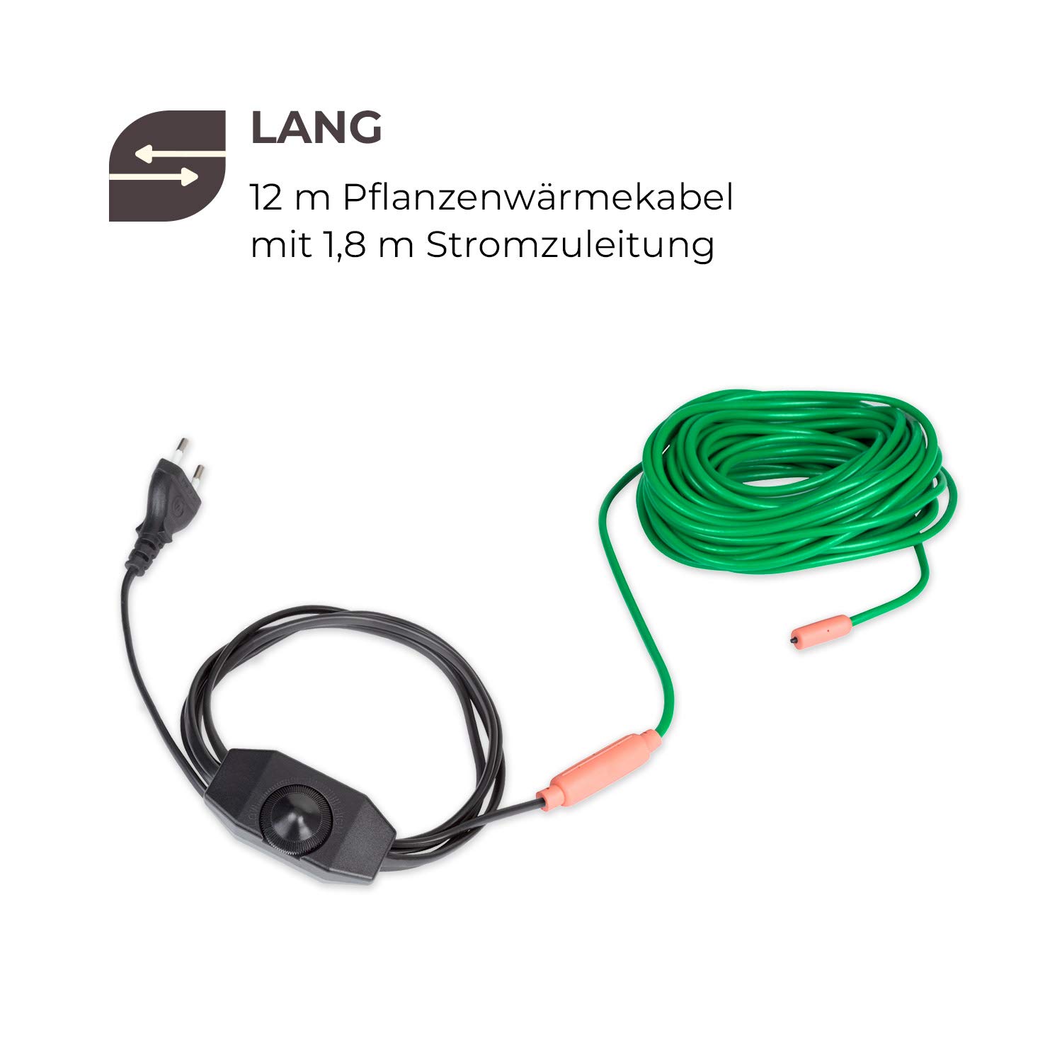 Waldbeck Greenwire Select 12 - Cavo Termico per Piante, Cavo Riscaldante, 12 m+2 m Cavo d'Alimentazione, Termostato, 5-25 °C sopra la Temperatura Ambiente, Riscaldamento:6 W/m, Classe Protezione:IP69
