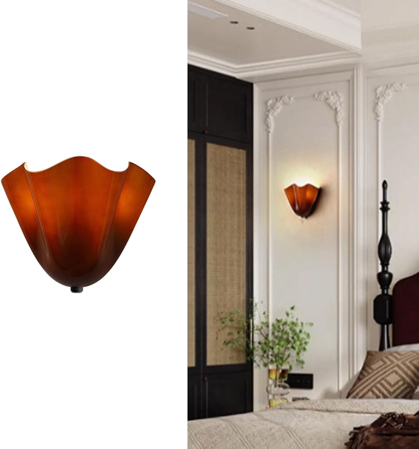 OOWOKS Shell-Shaped Wall Light in Coloured Glass – Vintage Indoor Wall Lamp 3000K Warm Light Bedroom Lamp Retro Bedside Lamp – Wall Decorative Shell Lamp Hallway Lamp Creative E14 Lamp Base,Amber