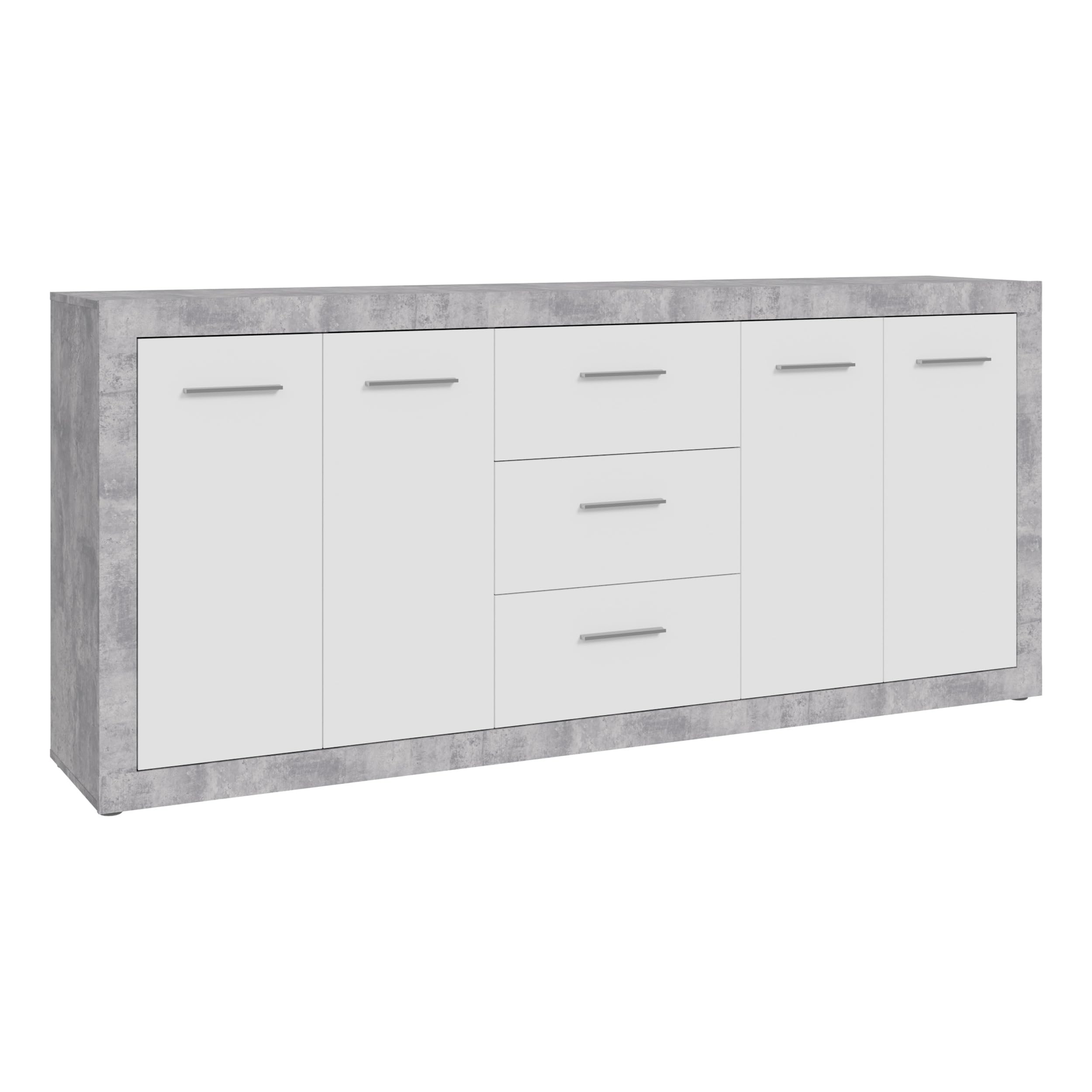 Forte FINLEY Sideboard 200 210, modernes Sideboard mit viel Stauraum, 4-türig, 3 Schubladen, Wohnzimmer, Flur, Schlafzimmer, Holzwerkstoff, Weiß| Betonoptik, 207,1 cm breit x 91,9 cm hoch x 41 cm tief