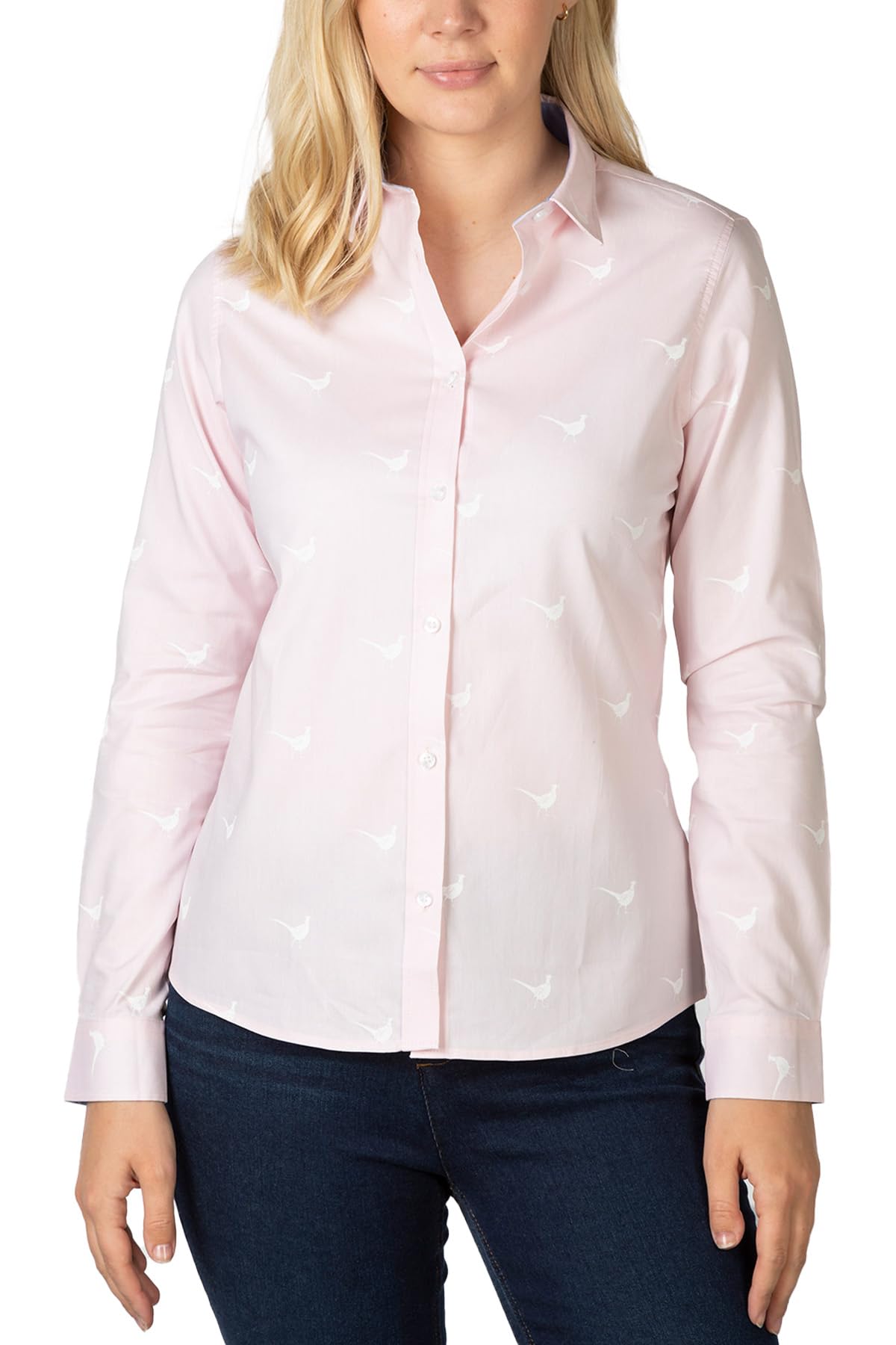 Rydale Ladies Oxford Cotton Printed Shirt Womens Button Shirts Blouse Animal Print (as8, Numeric, Numeric_12, Regular, Regular, Pink Pheasant)