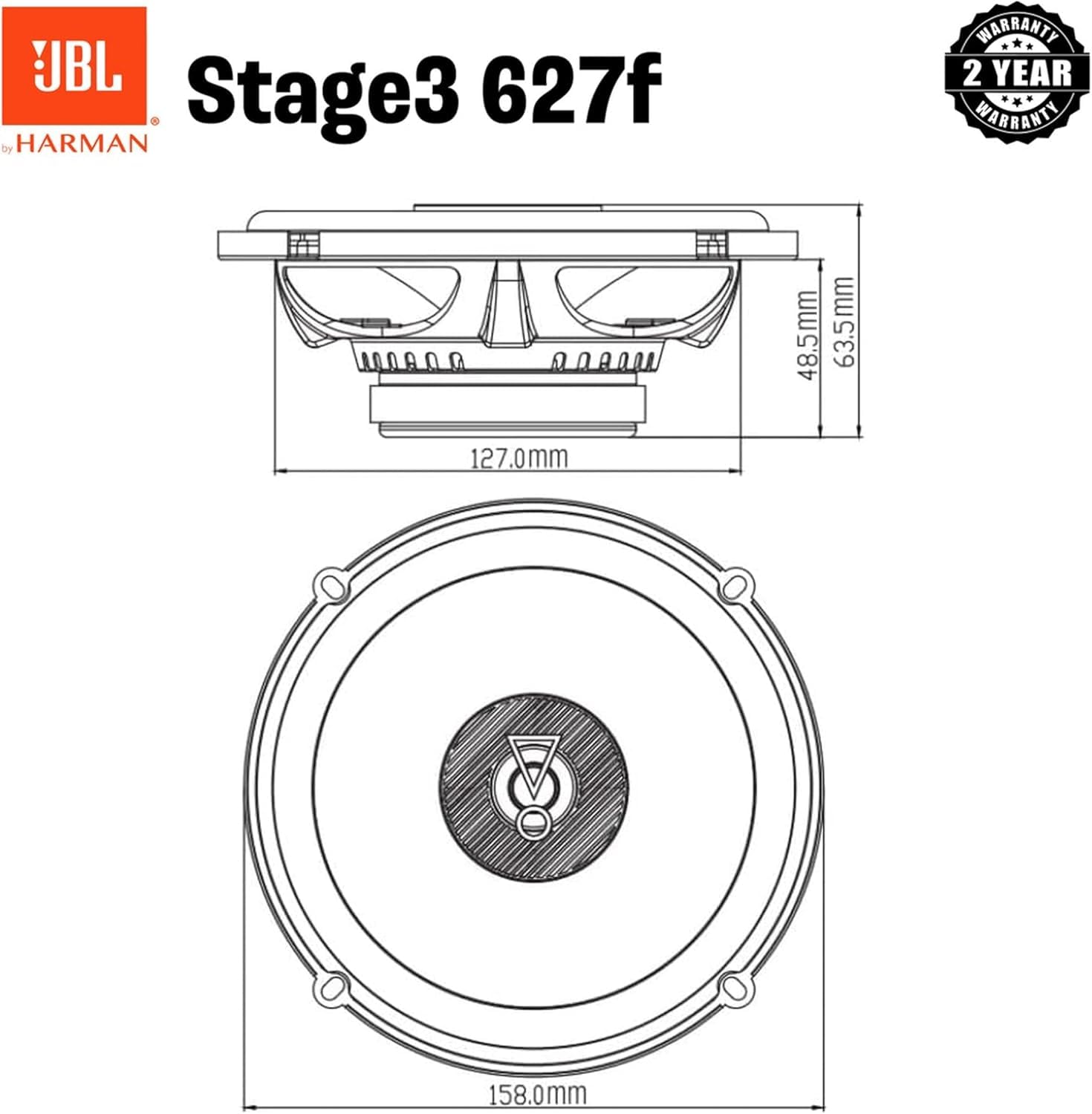 JBL Stage3 637F Ensemble de Haut Parleur Voiture 16,5cm - Enceinte Harman Kardon de 225 Watts à 3 Voies - 2 Pièces Baffle Grand sans Grille de Couverture - 165mm - 6,5 Pouces
