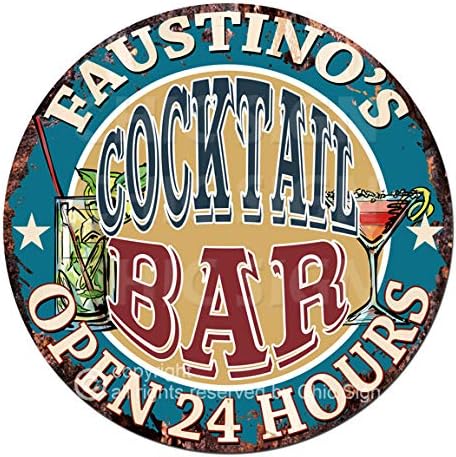Faustino'S Cocktail Bar Open 24 Hours Chic Cartel de hojalata rústico estilo vintage retro cocina bar pub cafetería hombre cueva garaje decoración