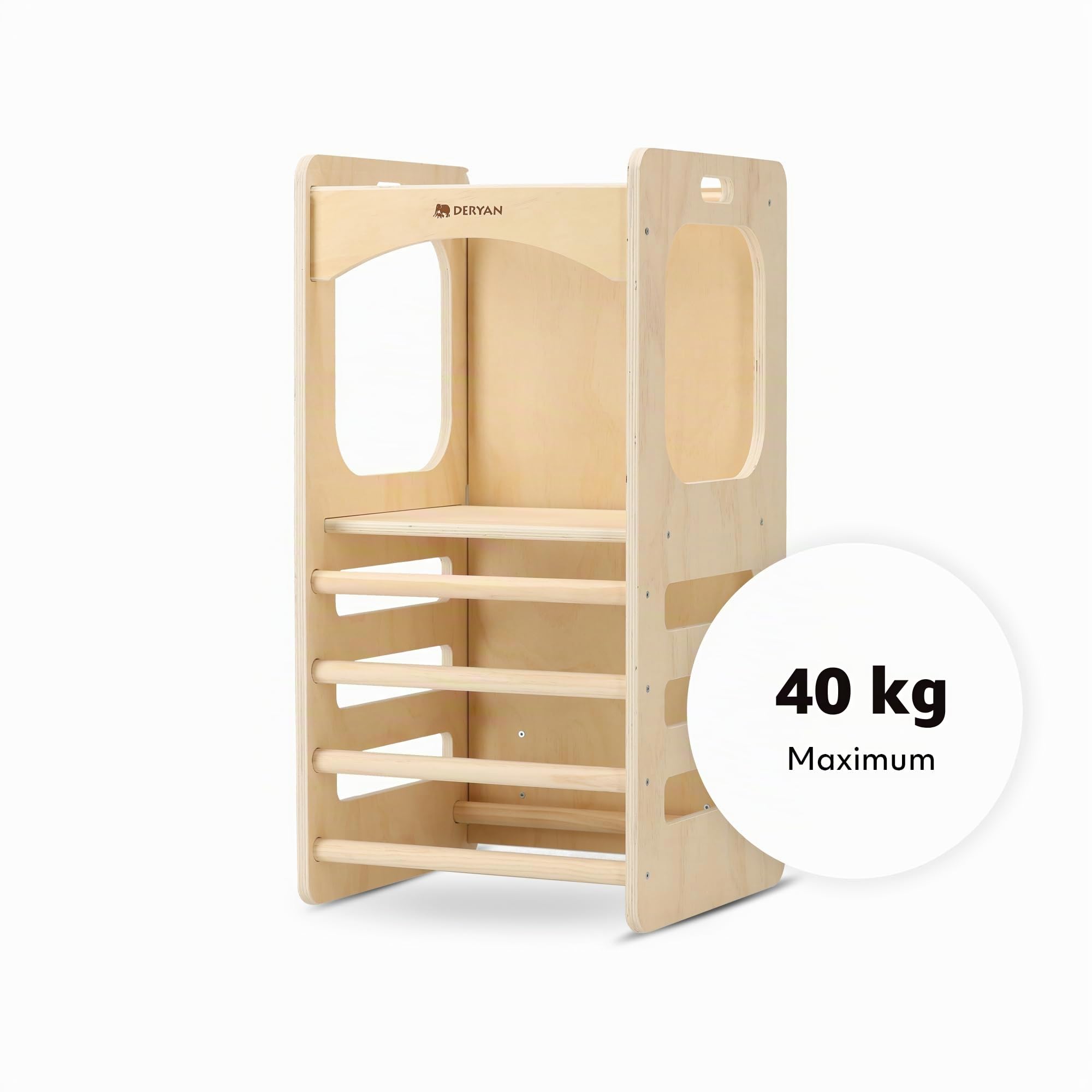 Deryan Tour d Observation Enfant Montessori - Stable & Sécurisée, Hauteur réglable sur 3 Niveaux - Tour d'apprentissage - Fabriqué en Europe - 90 cm - Learning Tower/Toddler Tower - Naturel