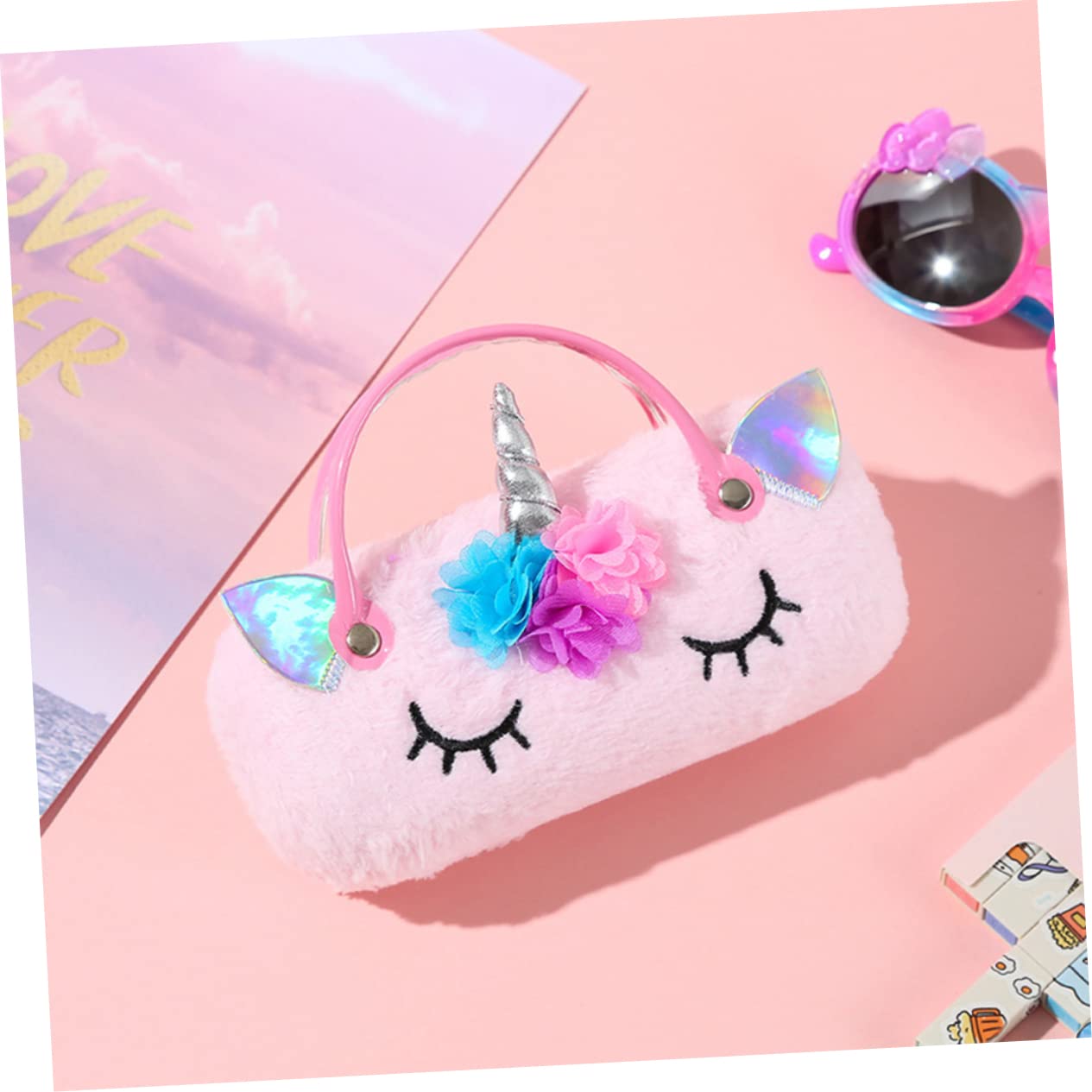 tragbare Brillentasche Einhorn Brillenetui Aufbewahrung von Sonnenbrillen tragbares brillenetui kinder brillenetui brillen case Handbrillenetui Sonnenbrillenetui Plüsch Rosa