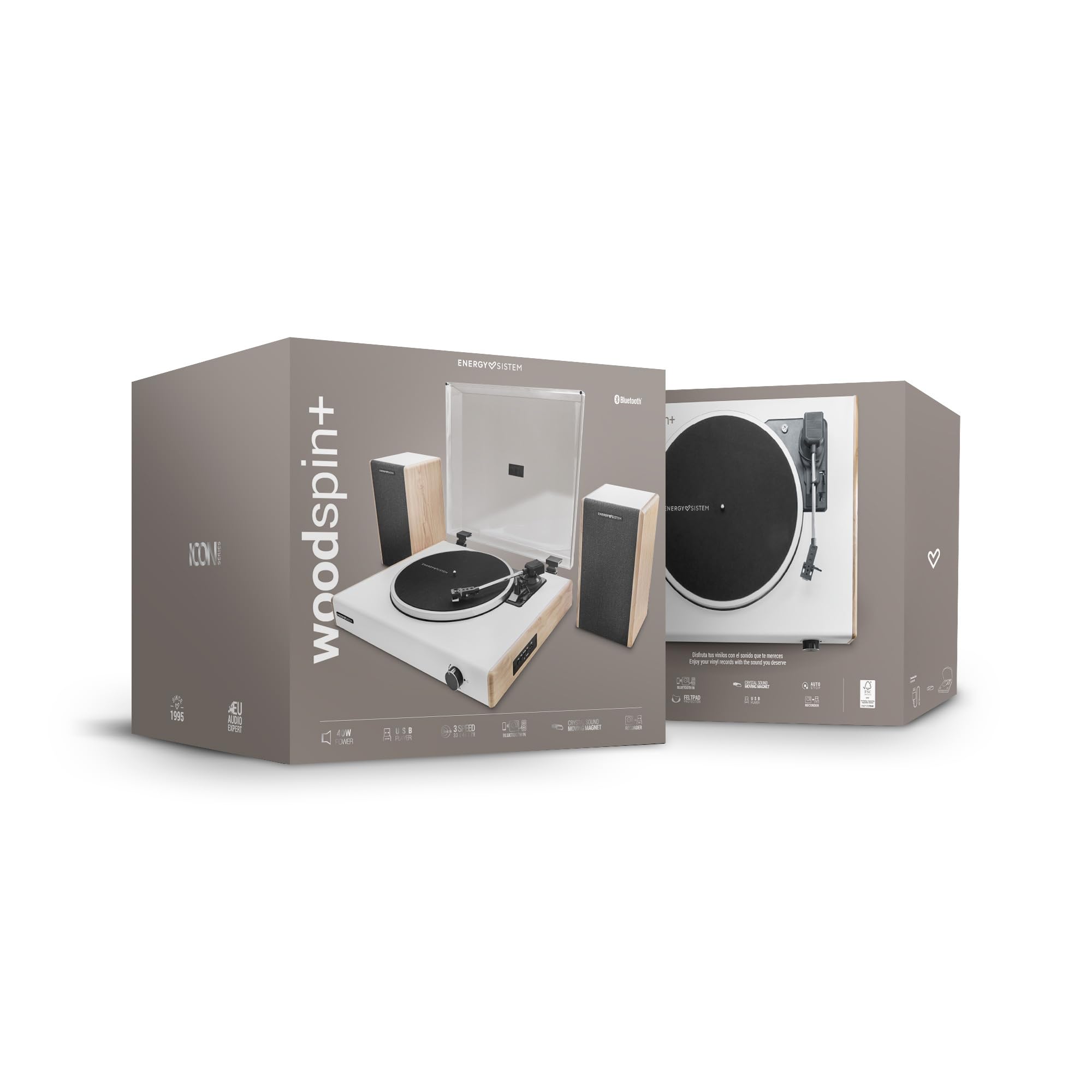 Energy Sistem Spin Giradischi Vinili Bluetooth Vintage Lettore LP 33 45 78 Giri Con Casse Integrate Altoparlanti 40W USB RCA Encoder Auto Stop Ago Magnetico Cartuccia Bambù Piatto Feltro (Legno)