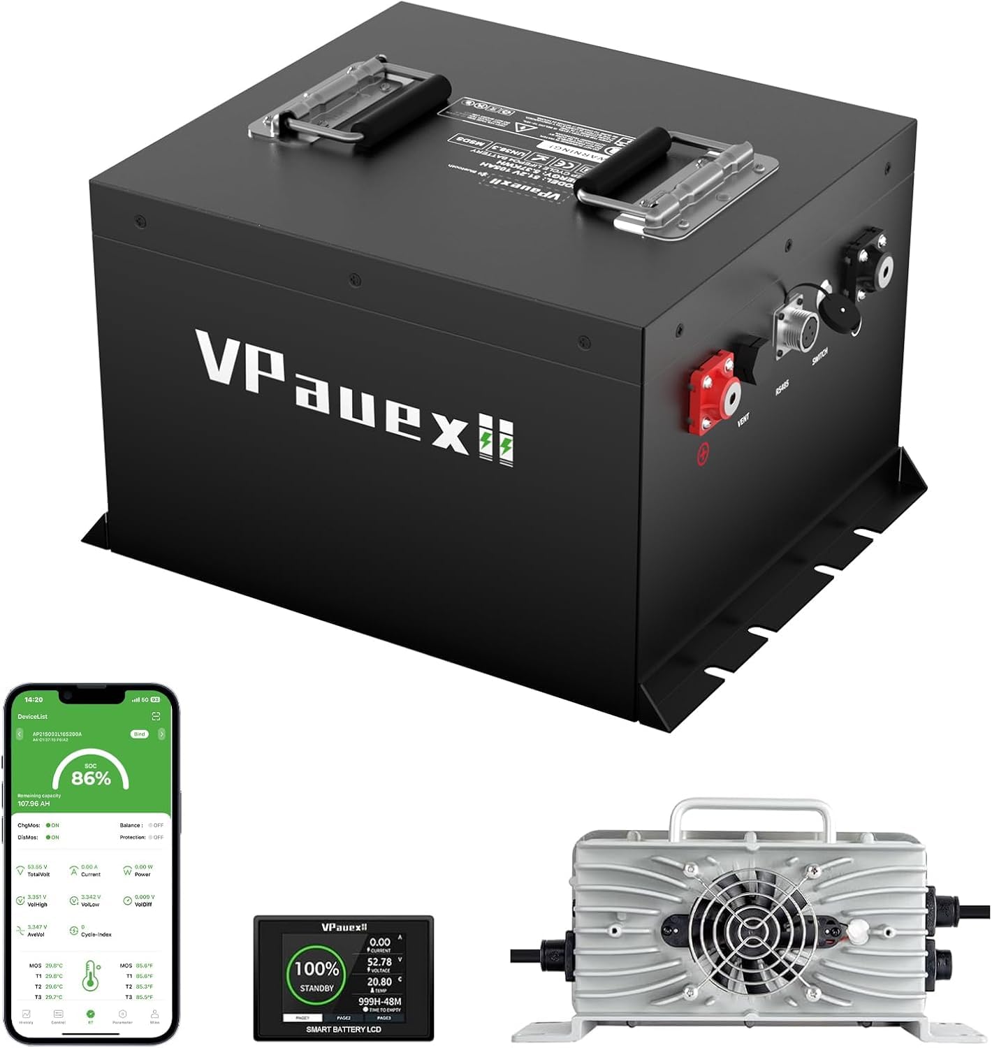 VPauexii 48V 105Ah Mini Lithium Golf Cart Battery with 200A BMS