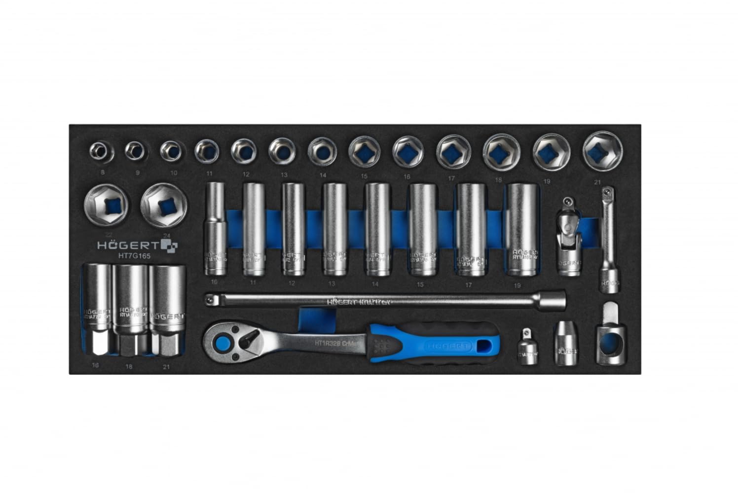 HÖGERT TECHNIK Juego de llaves tubulares de 3/8", 33 piezas, mango de carraca 72T, acero CRV, incluye conector de bujía, adaptador, inserto EVA, resistente y resistente a la corrosión