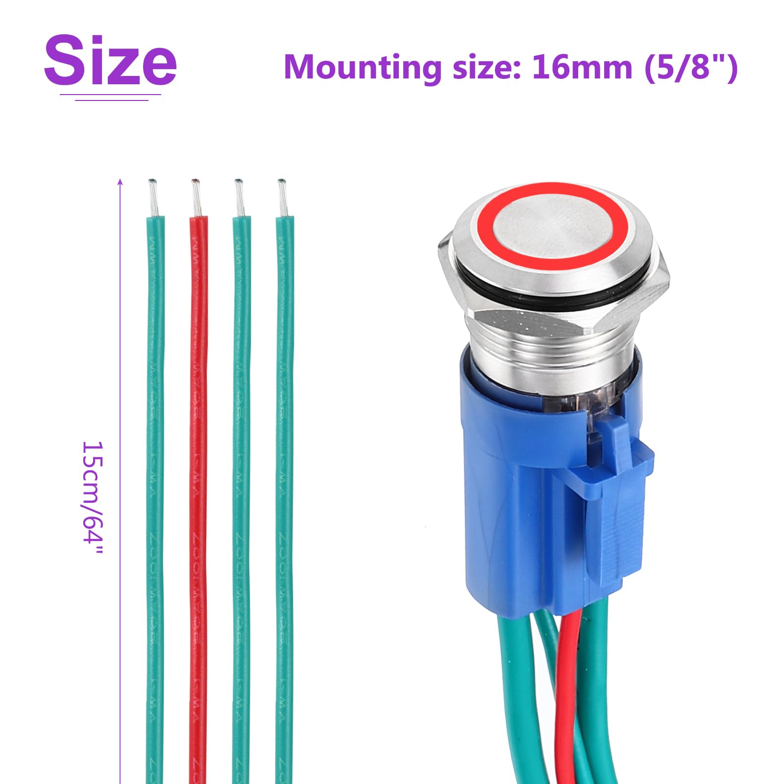 DMiotech 1 Pcs 16mm / 5/8" Stainless Steel Latching Push Button Switch 1NO 10A 12-24V Silver Button Red Ring Lamp with Socket Plug with Wire for Car Boat Systems Custom Setups - Image 4