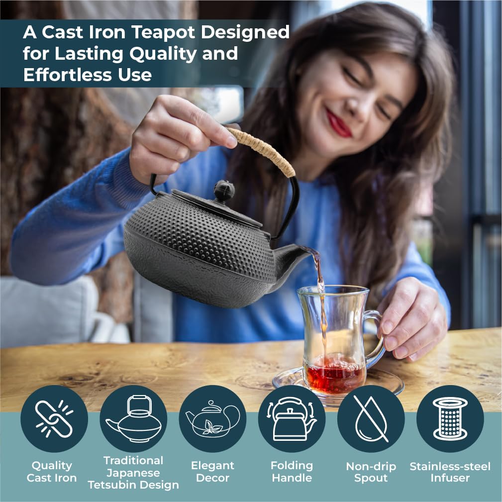 Zen Minded Teiera tradizionale giapponese in ghisa Tetsubin, set da 2 tazze, sottopentola, manico in corda e filtro in acciaio inox, per tè verde e infusi, 800 ml, motivo arare nero