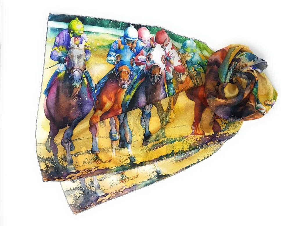 Silk Scarf, Horse Racing Accessory, Equine Art, Hat, Boho, Gift - 16" x 72" 100% Habotai Silk