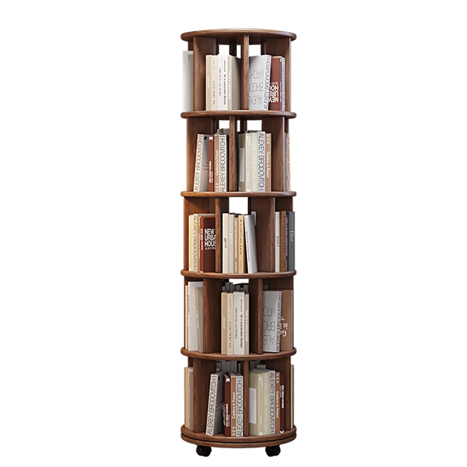 5 Layers Swivel Bookcase, 360° Rotating Display with Universal Wheels, Movable Storage Shelf, Solid Wood Bookcase, Home Book Organizer