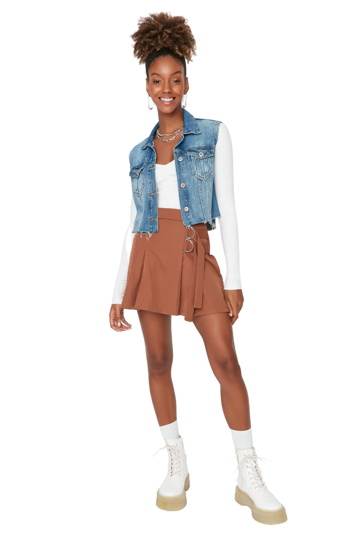 Trendyol Damen Braun Mini A-Linie A-Linie Webstoff Rock, 42