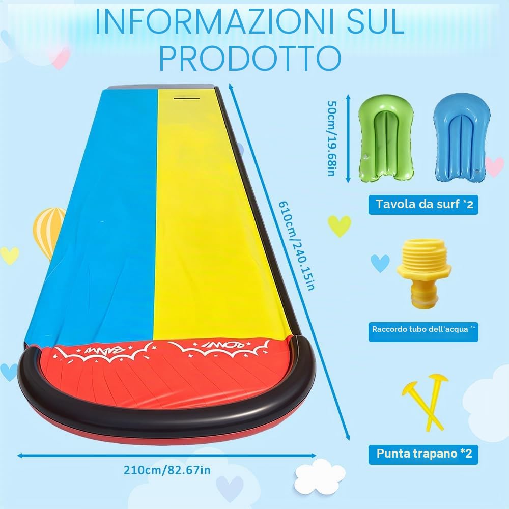 Scivolo ad Acqua, 600 x 140cm Scivoli d'Acqua Doppio, Scivolo Acquatico Giardino con 2 Bodyboards, irrigatore, per i Giochi d'Acqua Estivi in Giardino, All'aperto o sul Prato