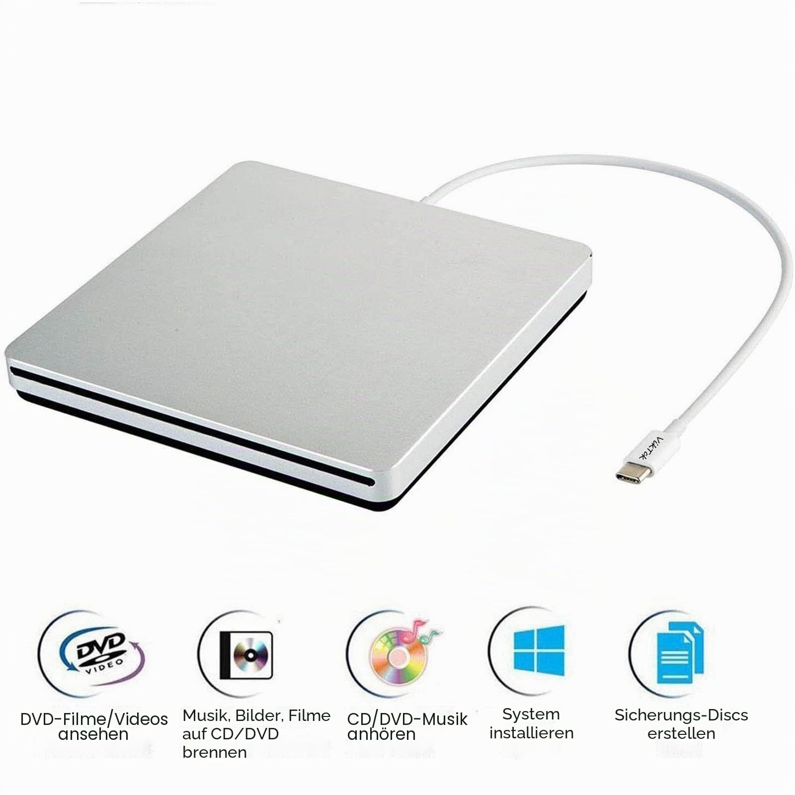 USB-C Superdrive Externes DVD/CD-Lesegerät und DVD/CD-Brenner für Apple MacBook Air/Pro/iMac/Mini/MacBook Pro/Asus/Dell Latitude mit USB-C Anschluss, Plug and Play - Silber
