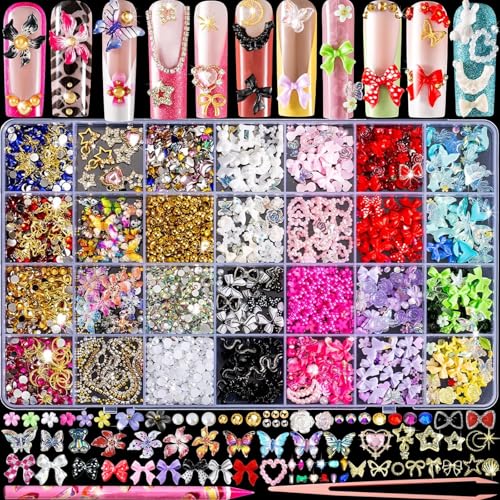 VelvetGlow 3D Nail Charms and Nail Gems Cute Nail Rhinestones and Charms Y2K for Nails Nesign Variety Butterfly Bow Moon Star Flower Junk Case Charms Gold Pearls Nail Jewels for Nail Art