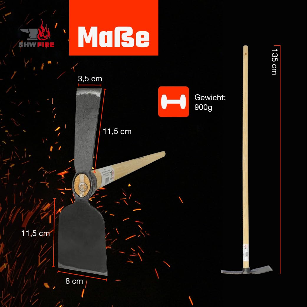 SHW-FIRE | Hochwertig geschmiedete Doppelhacke, breites und schmales Blatt, robuster 135 cm Eschenholzstiel, ideal für Graben, Umpflanzen & Beetpflege | Made in Germany