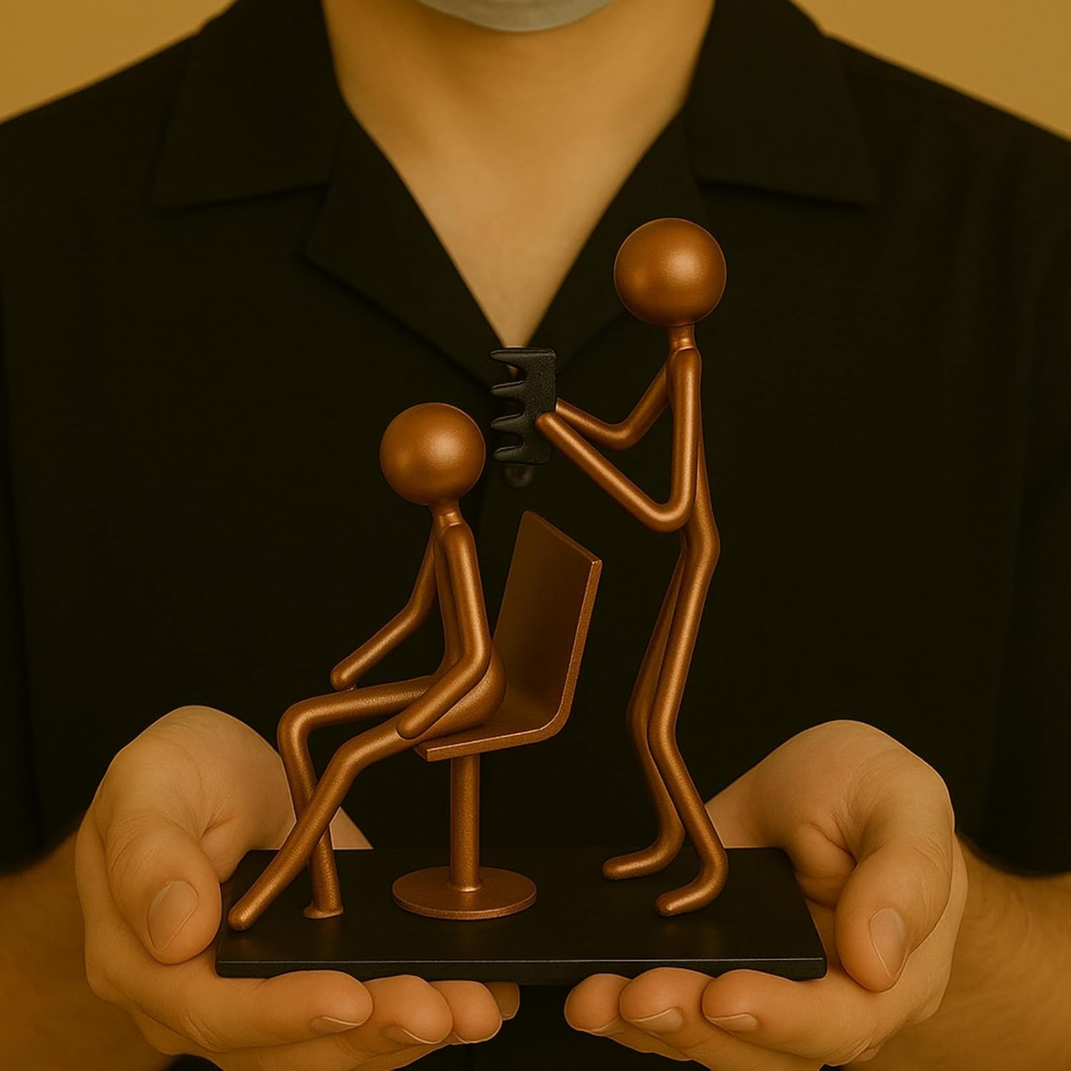 GUTE Hairdresser Craft Handmade Figurine 4.25" L x 4.25" H Recycled Metal Sculpture & Hand Welded Bronze Finish Art Gift Barber Shop Decor, Salon Desk Accessories & Hairstylist Appreciation Gifts