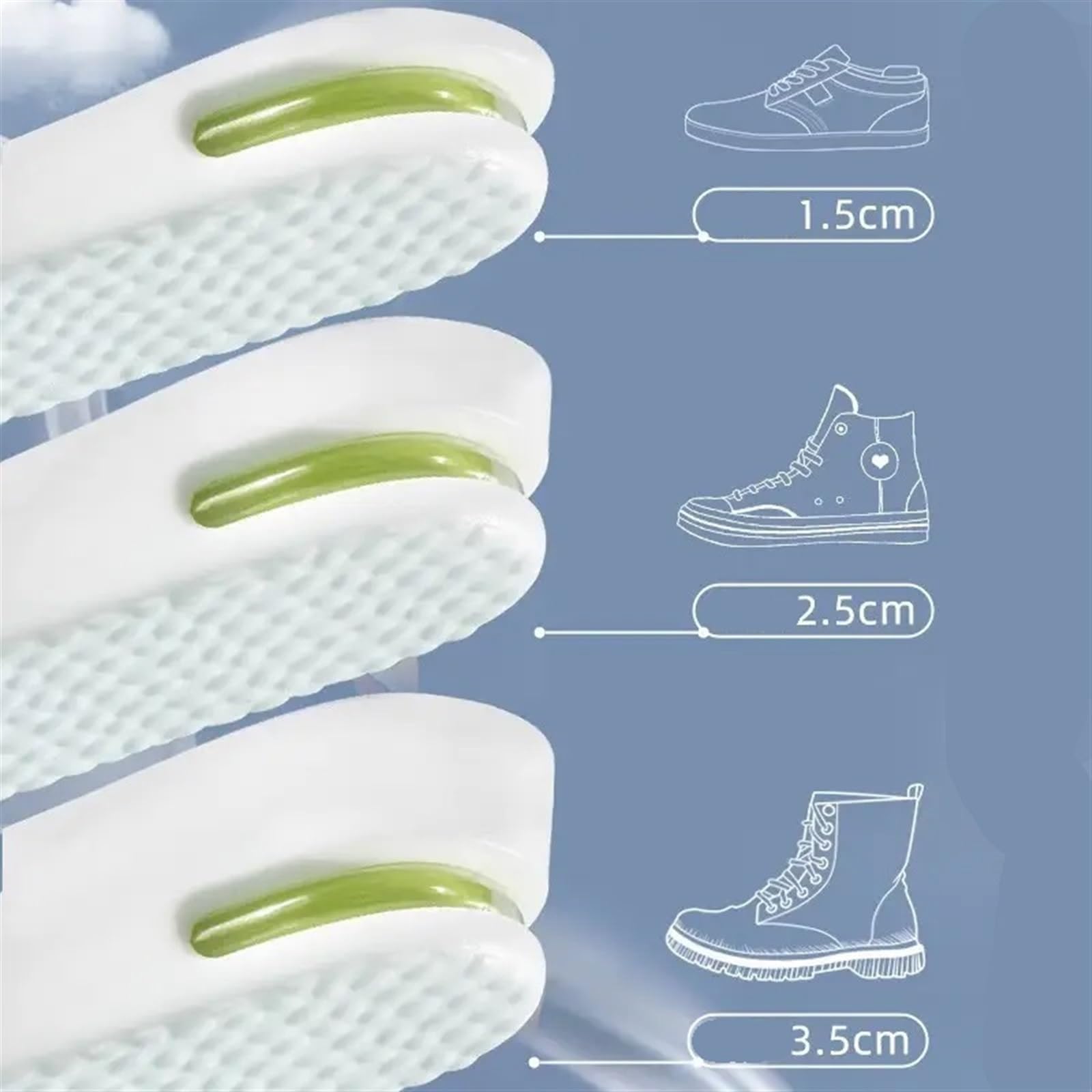 2 pares de plantillas for aumentar la altura los pies, cómodas for zapatos Plantar, almohadillas for deportivas que absorben golpes Para Zapatos(1.5cm-Gray,EU35-36)