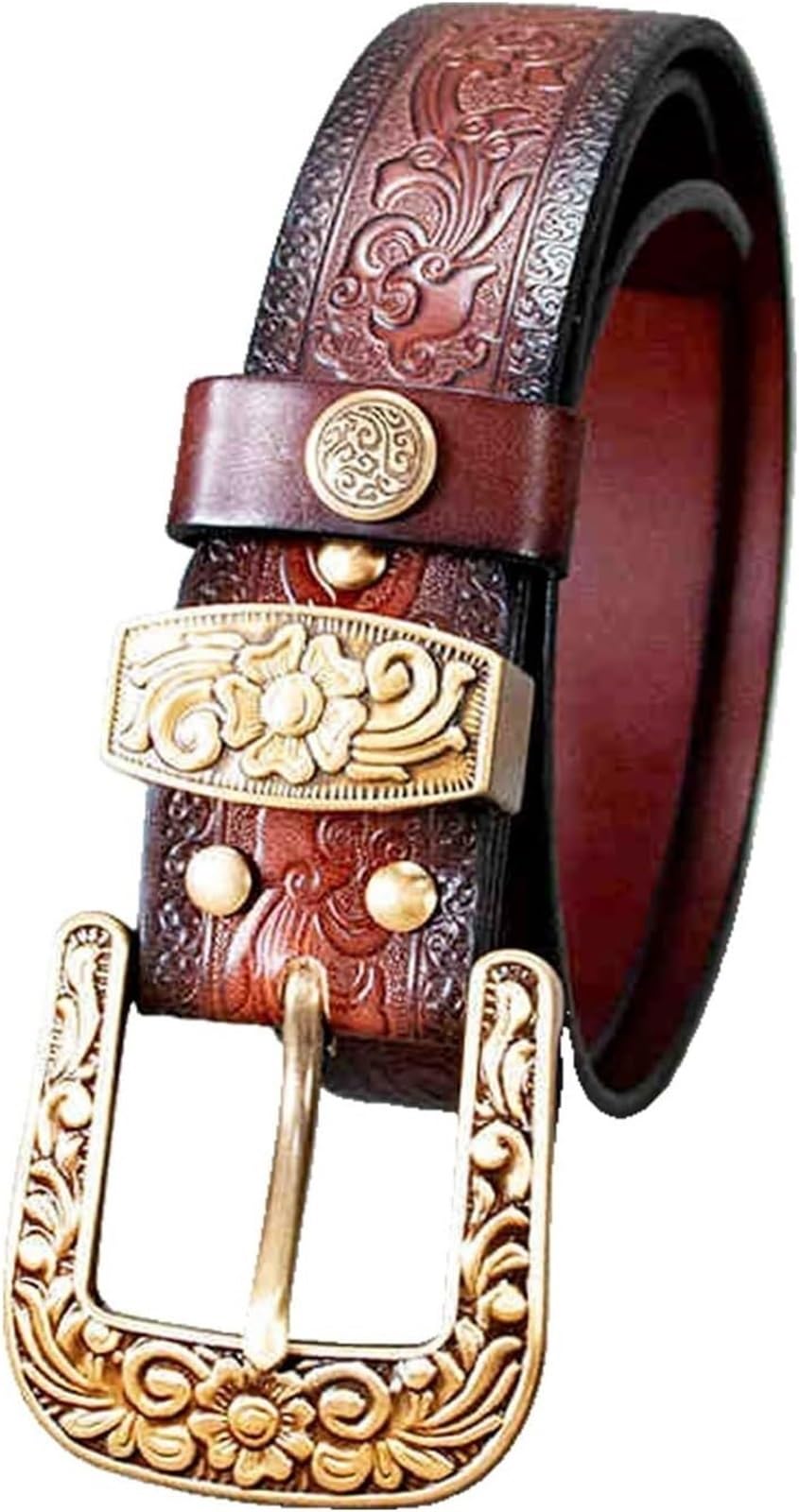 Cintura western da uomo, Cinture da cowboy occidentali for uomo e donna, cintura in pelle goffrata con fibbie in rame for jeans, cinture country vintage regolabili