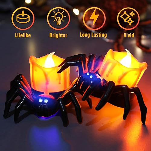Miniatura 2 de Paquete de 6 velas LED sin llama de Halloween, velas LED de araña 3D con luz amarilla y morada cálida brillante, funciona con pilas, luces LED