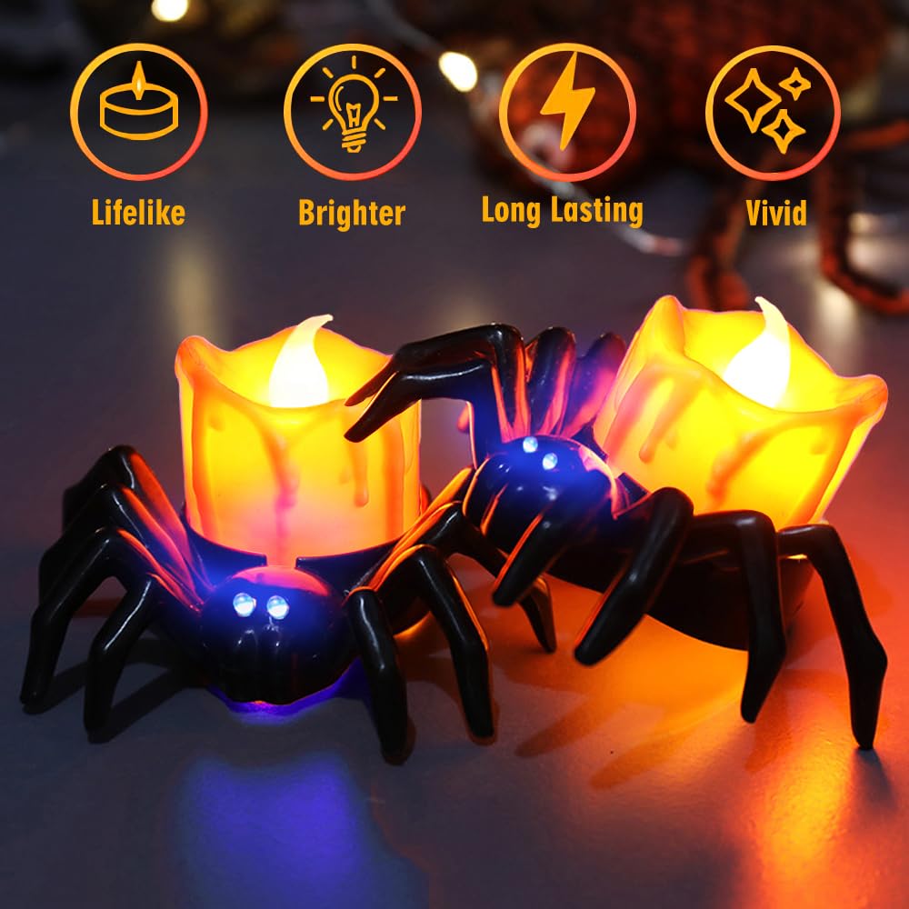 Confezione da 6 candele a LED senza fiamma, a forma di ragno, 3D, con luci gialle calde e viola, funzionamento a batteria, per casa, Halloween, decorazioni natalizie