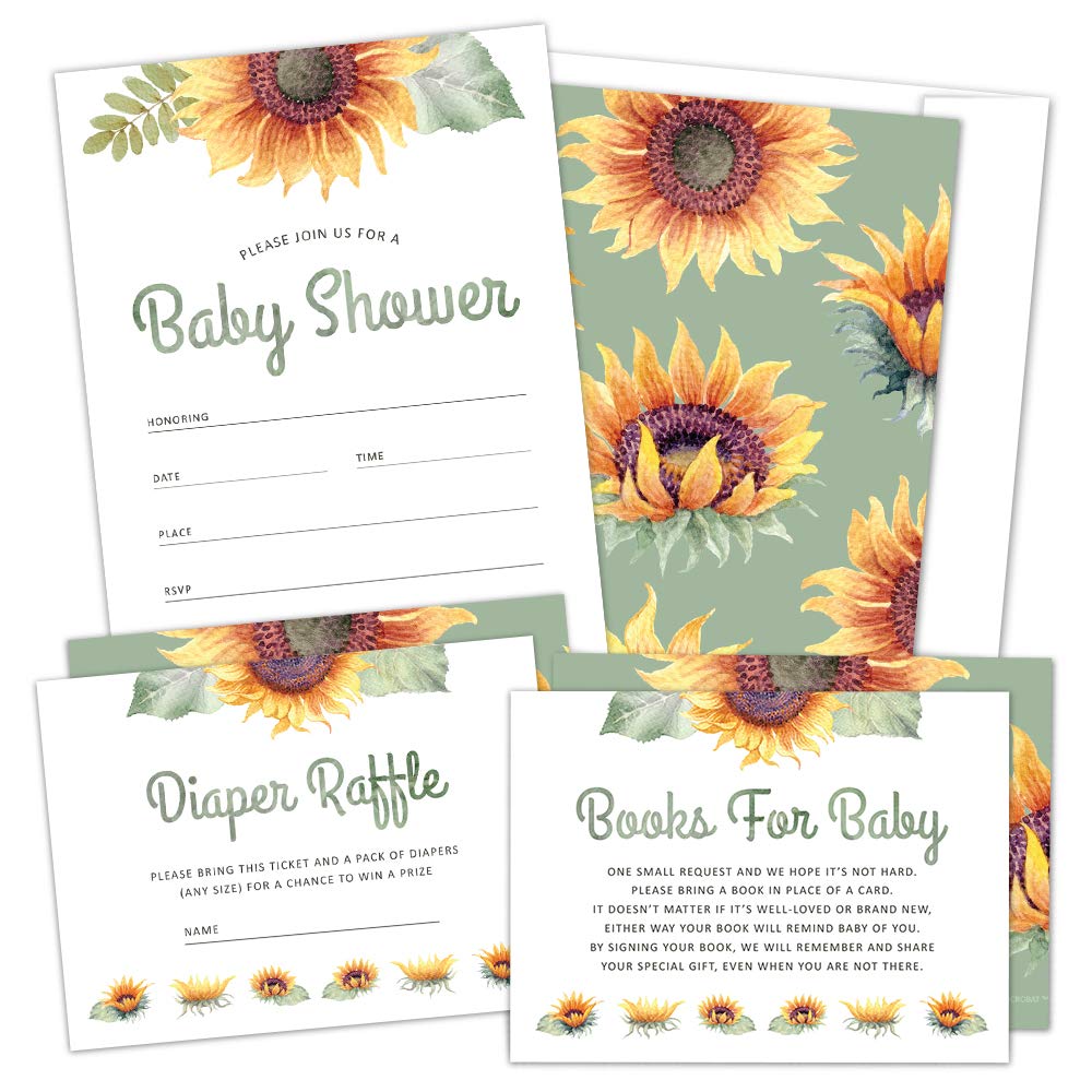 Set of 25 Sunflower Baby Shower Invitations for Girl - Baby Girl Shower Invitations with Envelopes, Diaper Raffle Tickets & Book Request Cards -