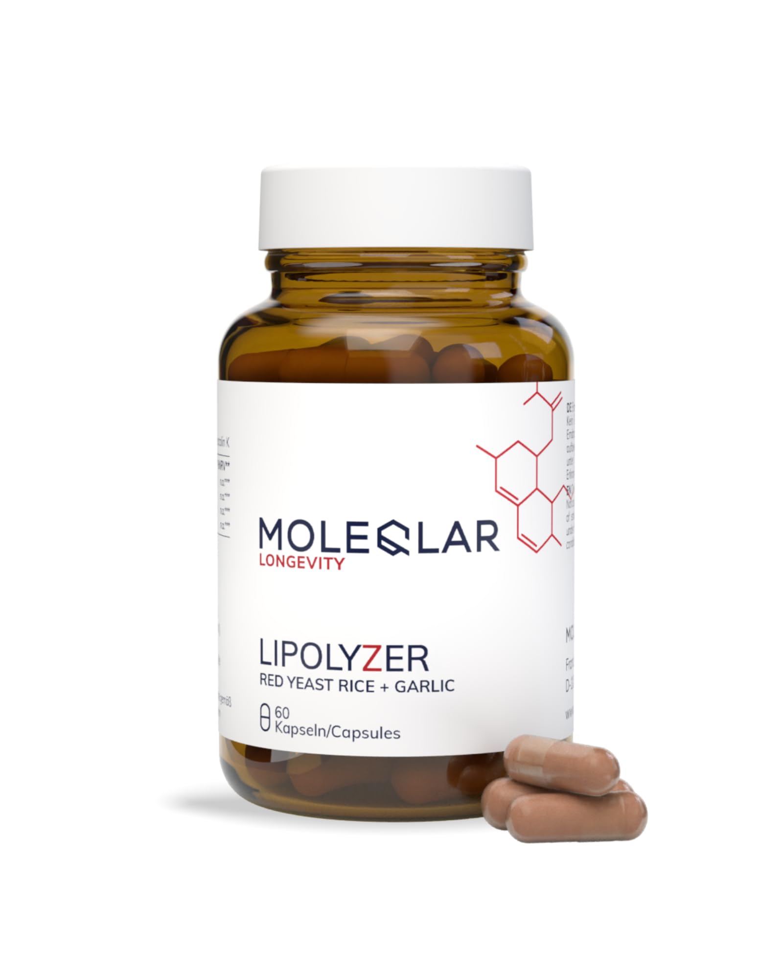 MoleQlar Roter Reis Kapseln 60 Stück - Lipolyzer Komplex mit geruchlosem Knoblauchextrakt - 2,9 mg Monacolin K und 3 mg SAC pro Kapsel - Innovative Formulierung
