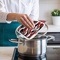 Vista 4 de Juego de 2 soportes para ollas de color rojo y negro, aislamiento térmico, almohadillas calientes geométricas grises y agarraderas para cocina, arte