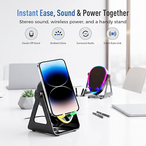 Miniatura 3 de Altavoz de inducción inalámbrico 5 en 1 con soporte para teléfono, sonido estéreo, amplificador de altavoces recargables de 5000 mAh con luz