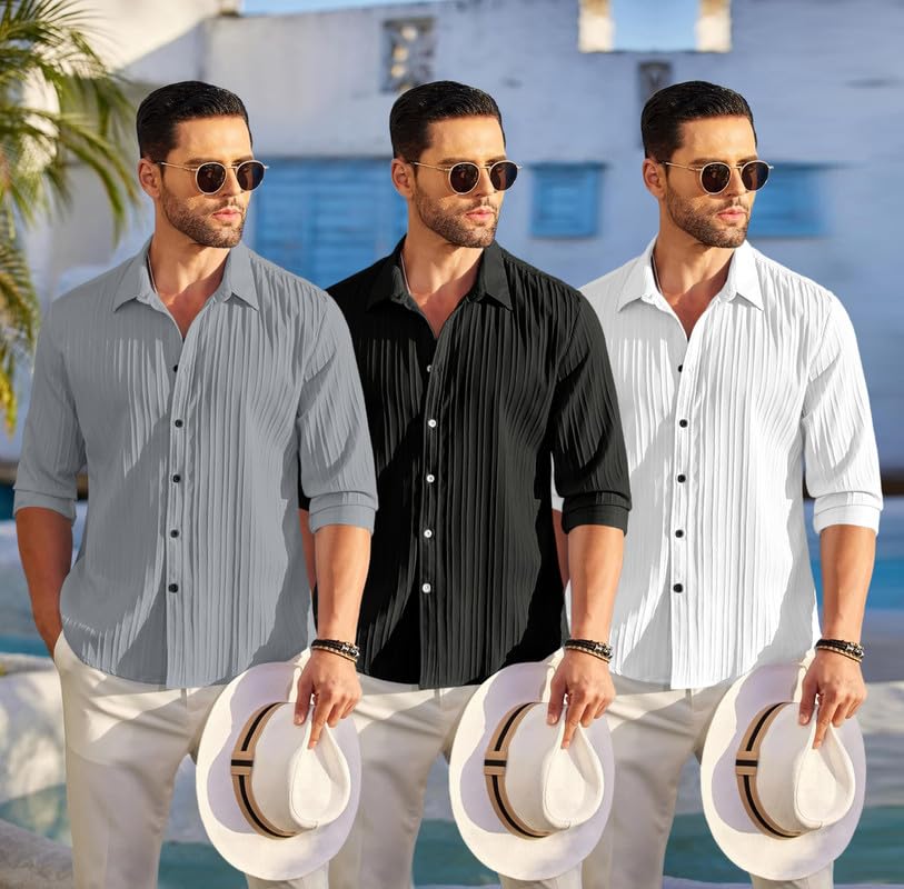Image of FINIVO FASHION Combo of Men's Casual Cotton Plain Button Down Shirt Long Sleeve Textured Summer Beach Shirt for Men Pack of 3