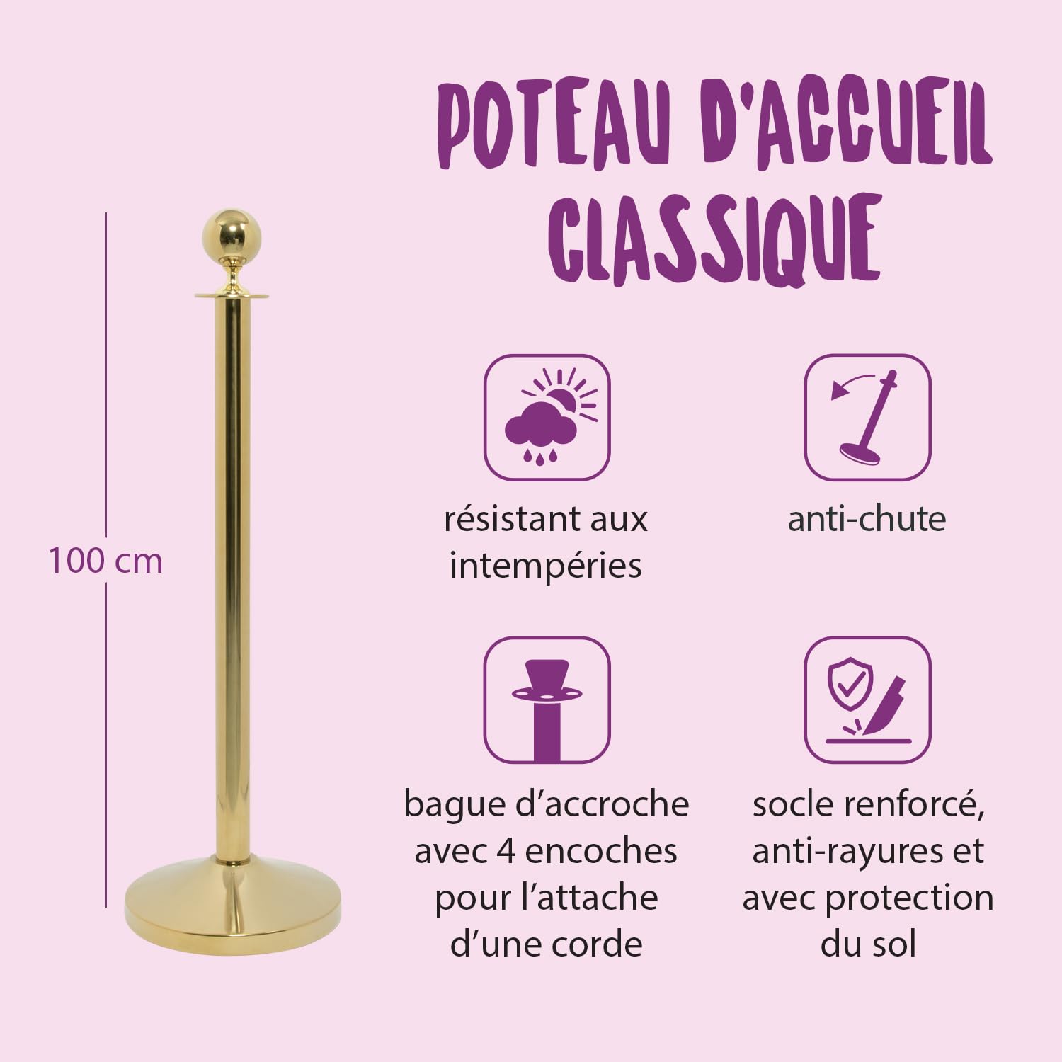SECURIT - Poteau avec Base pour Système de Barrière Classic | pour Bar, Restaurant, Boîte de Nuit, Boutique - H95 cm - Acier Inoxydable - Usage Intérieur et Extérieur - Finition Dorée
