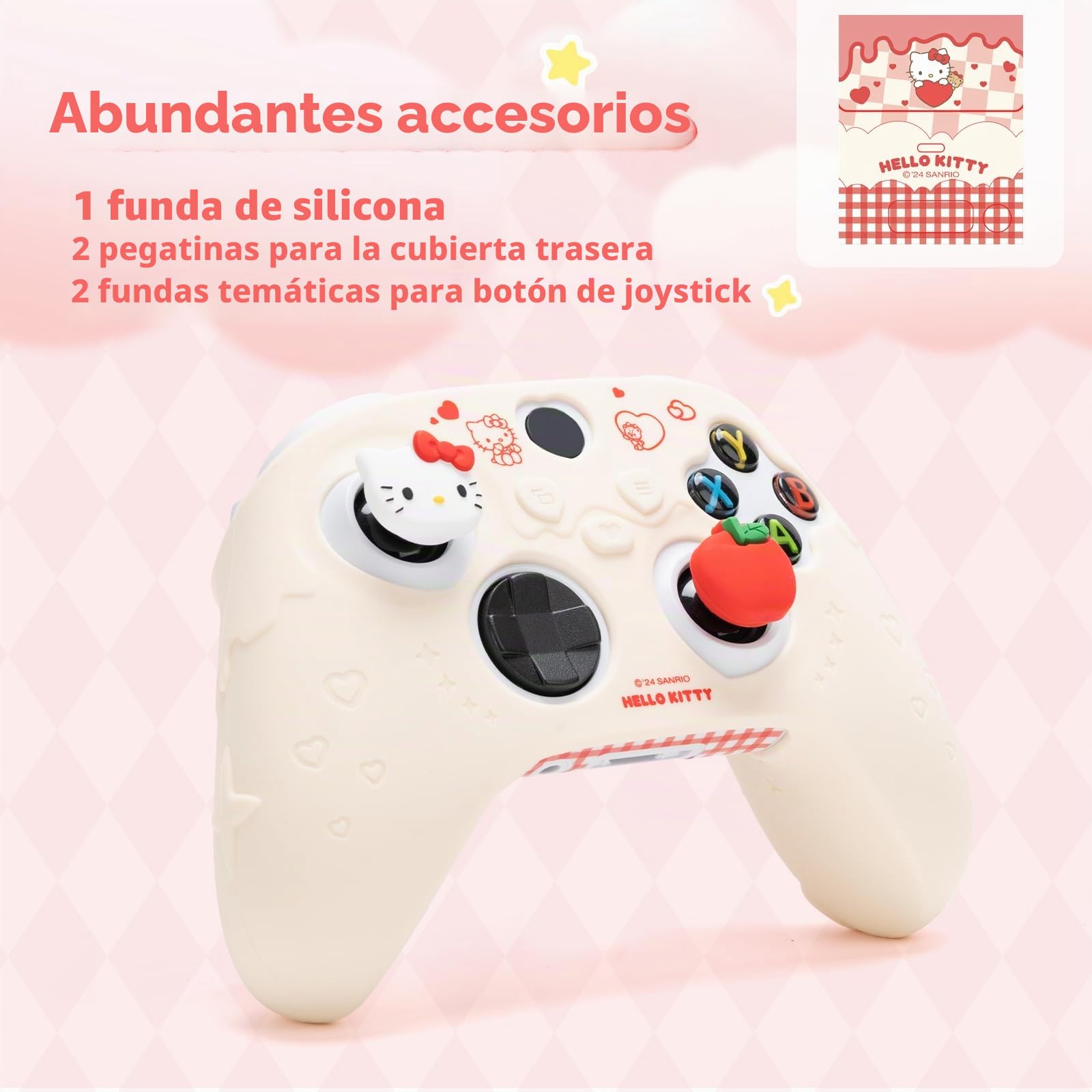 Kuitmor Funda protectora antideslizante de silicona suave compatible con mando de Xbox con 2 tapas de agarre para el pulgar y 1 adhesivo (beige Hello Kitty)