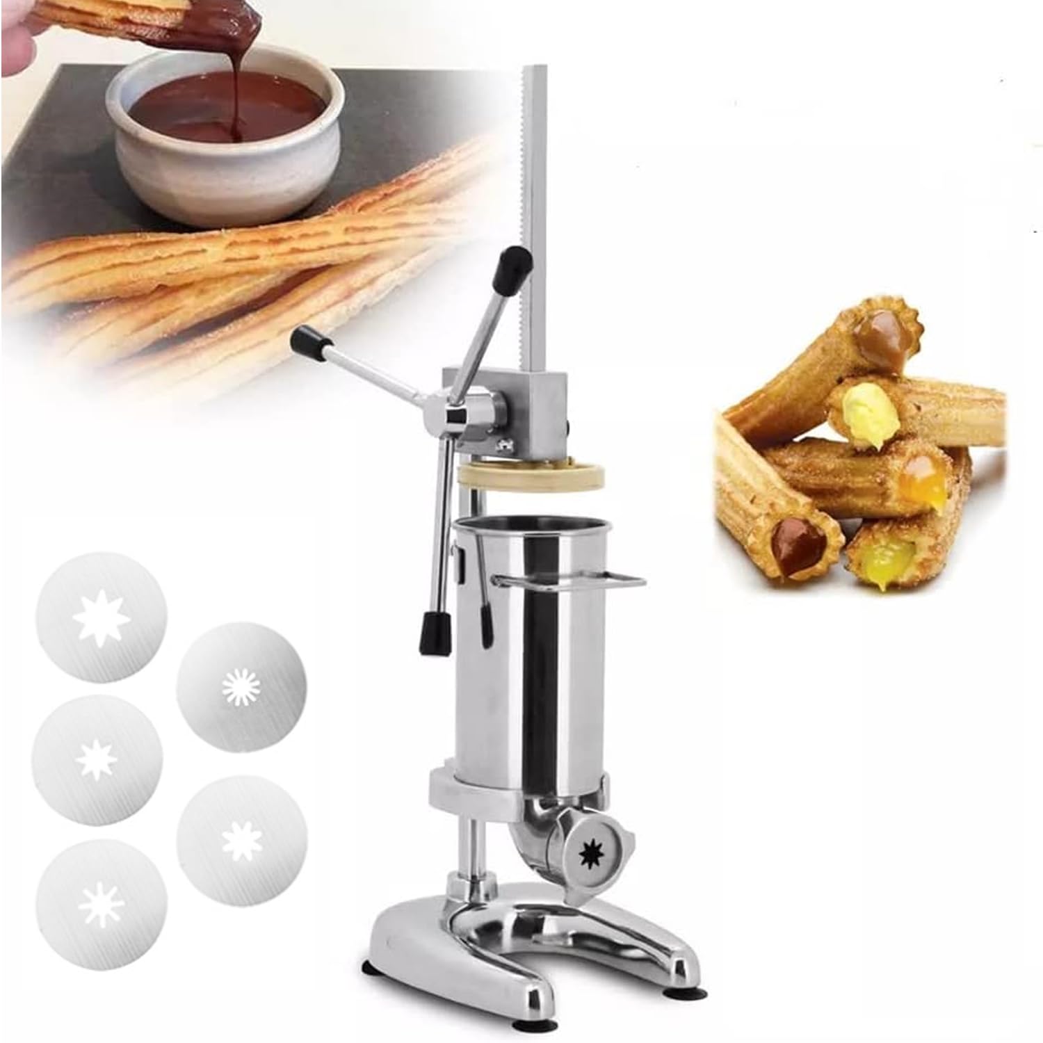 Máquina para Hacer Churros Comercial, churrera Manual de Acero Inoxidable de 2/3 l con 5 moldes, churrera Vertical española, Equipo para Snacks para restaurantes, pastele,2 litros