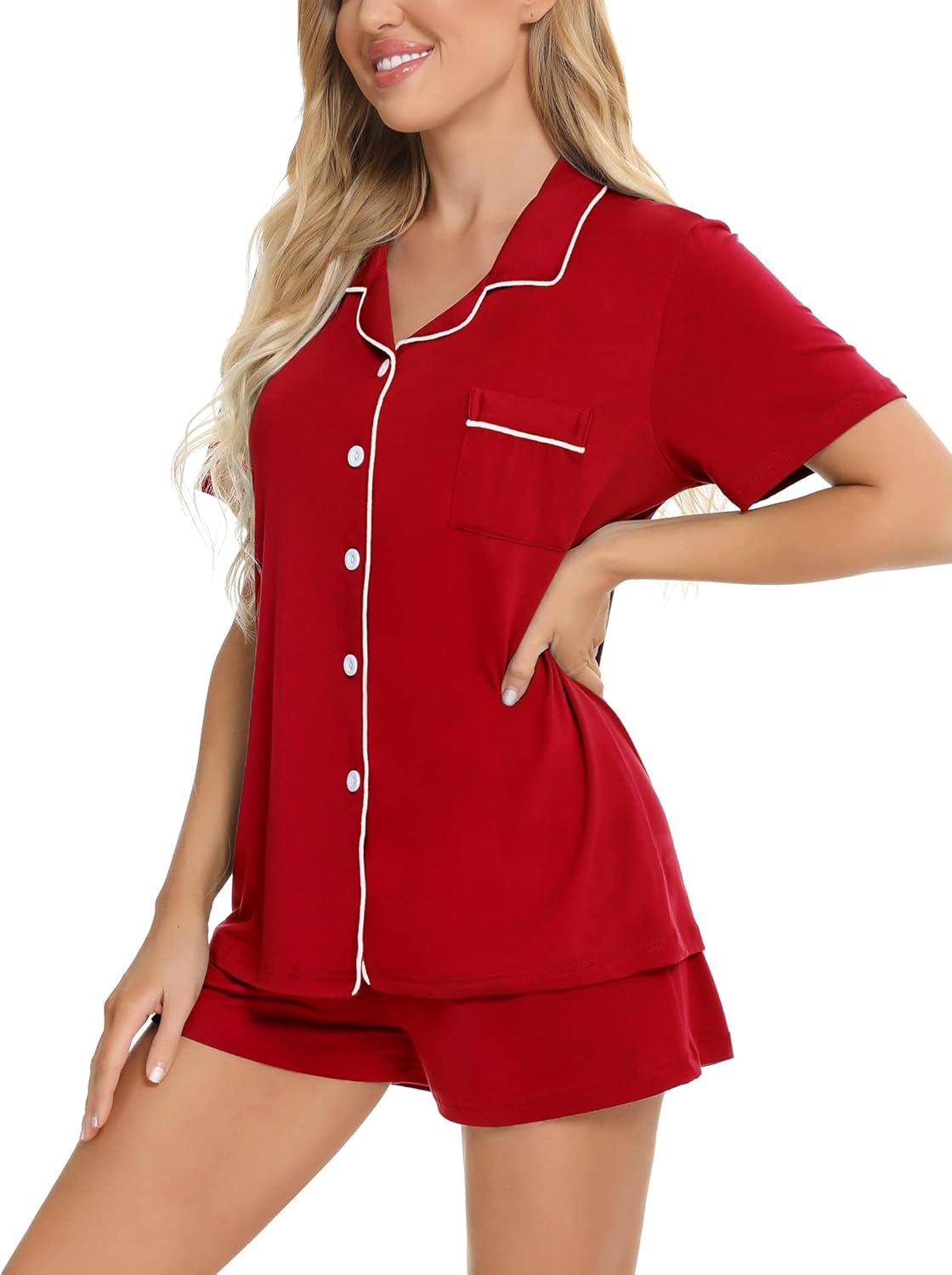 SWOMOG Womens Button Down Pajamas Set Short Sleeve Sleepwear Bride Soft Pj Lounge Sets XS-3XL - Image 2