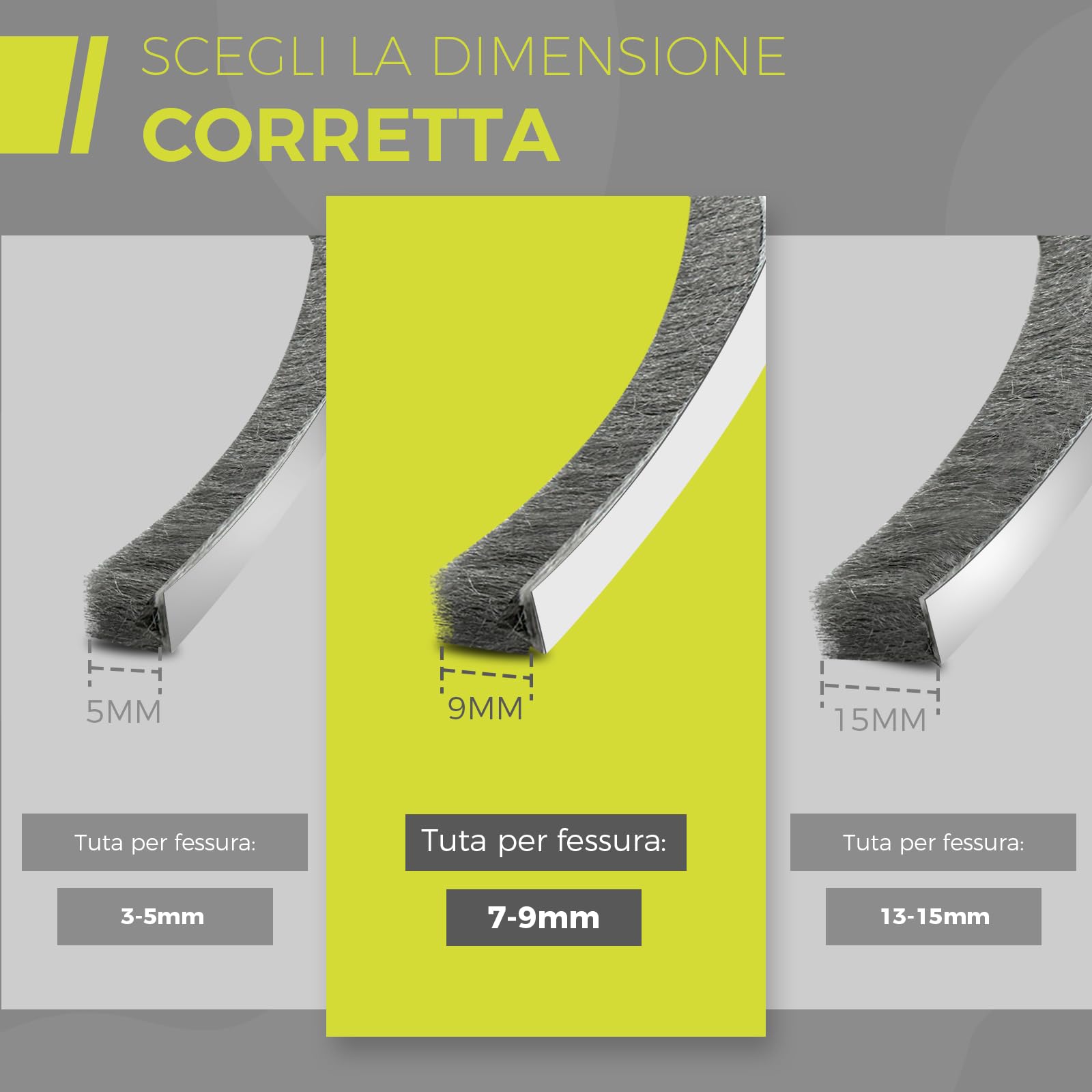 6 m Guarnizione Spazzola, 9 mm (L) x 9 mm (S) Guarnizione a Spazzola Autoadesiva, Antipolvere, Antivento, Riduzione del Rumore, Paraspifferi Spazzola Per Porte, Finestre, Armadi - Grigio