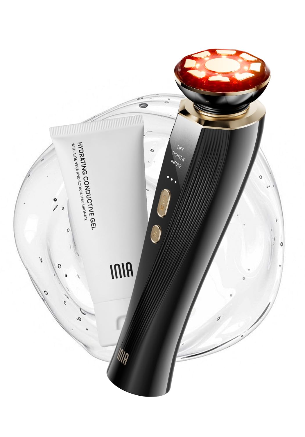 INIA FLARE Professionelles Mikrostrom Gesichtsmassagegerät mit Rotlicht | 3-in-1 für Gesicht & Hals mit Wärmefunktion, hilft Schwellungen und Falten sichtbar zu reduzieren
