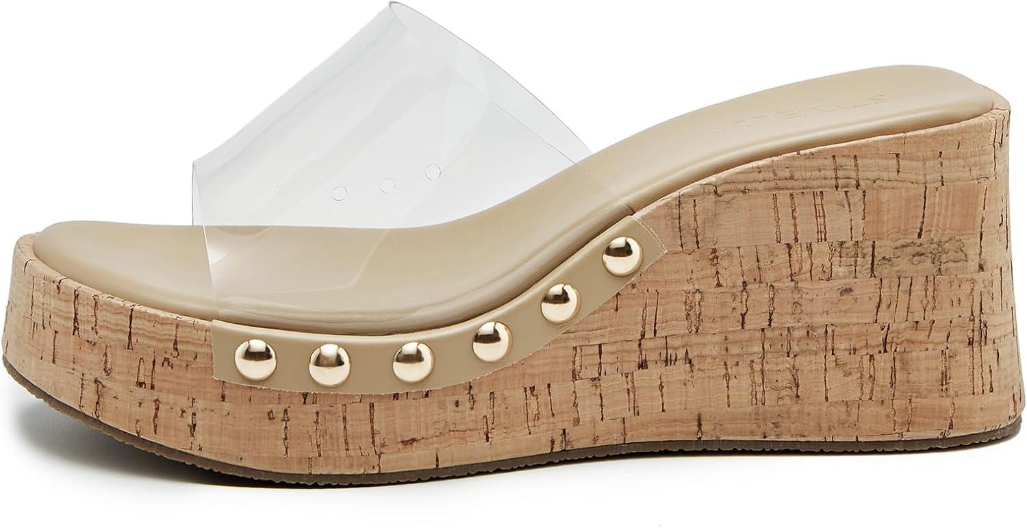 Women’s Platform Wedge Sandals, Slip On Open Toe Wedge Heels Non-Slip Casual Comfort Slides for Dressy Occasions, 2.95 inches Platform
