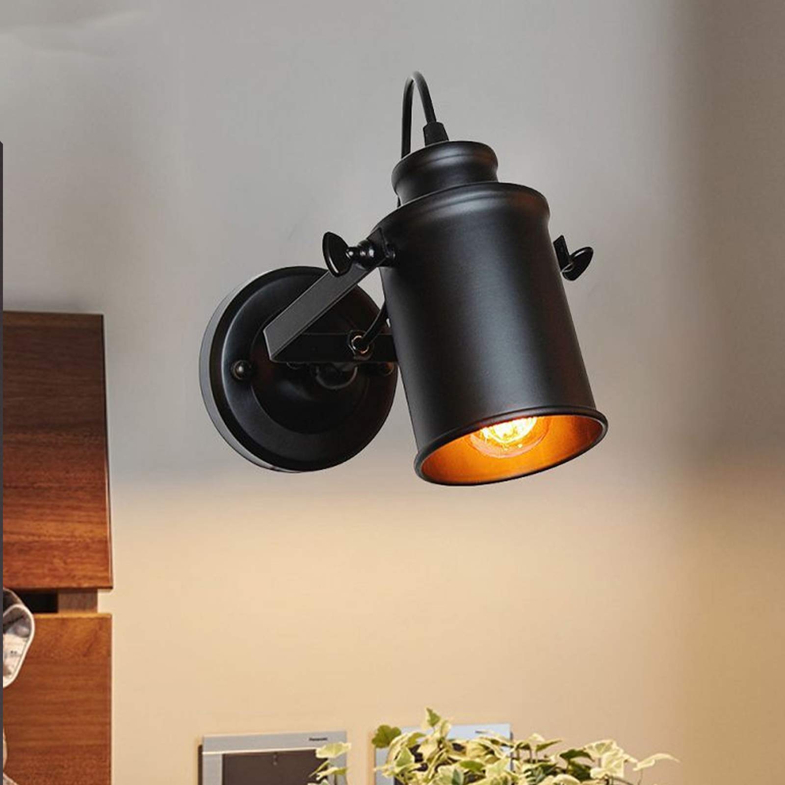 WXKAGF Kinkiet do wnętrz czarny industrialny retro, kinkiet metalowy obrotowy z gniazdem E27, lampka nocna bez żarówki, do salonu sypialnia restauracja korytarz bar