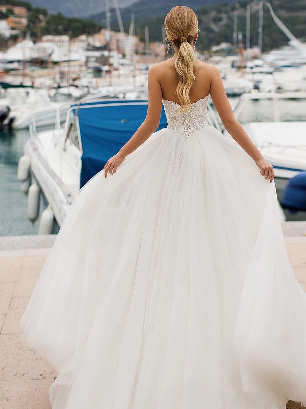 Vestido de Novia de Tul Largo de la Princesa Retro Vestido de Novia sin Tirantes para Hombros Vestido de Novia Elegante para Mujeres, Blanco, 46